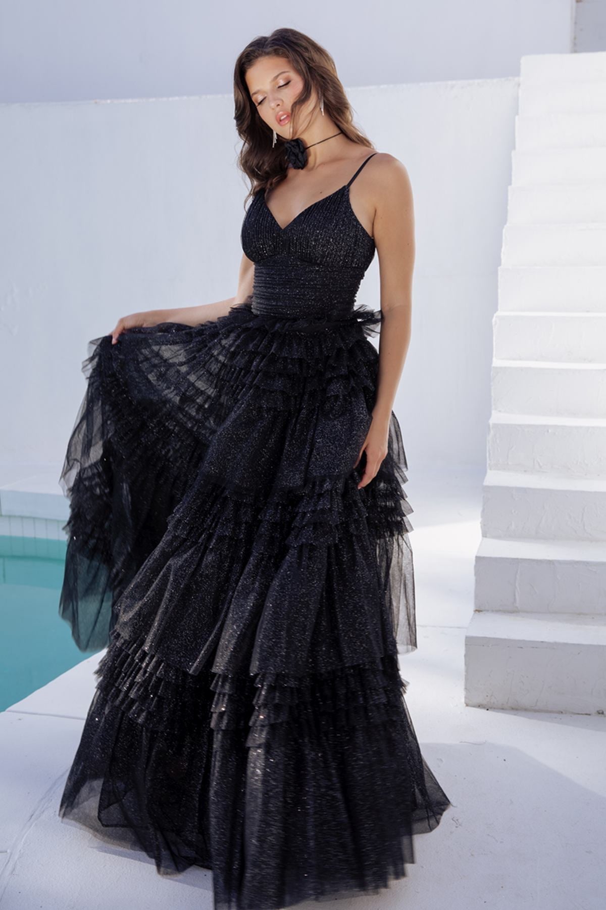 Prom Dresses Formal Ruffle A Line Long Prom Dress Eureka Fashion 9888 Black