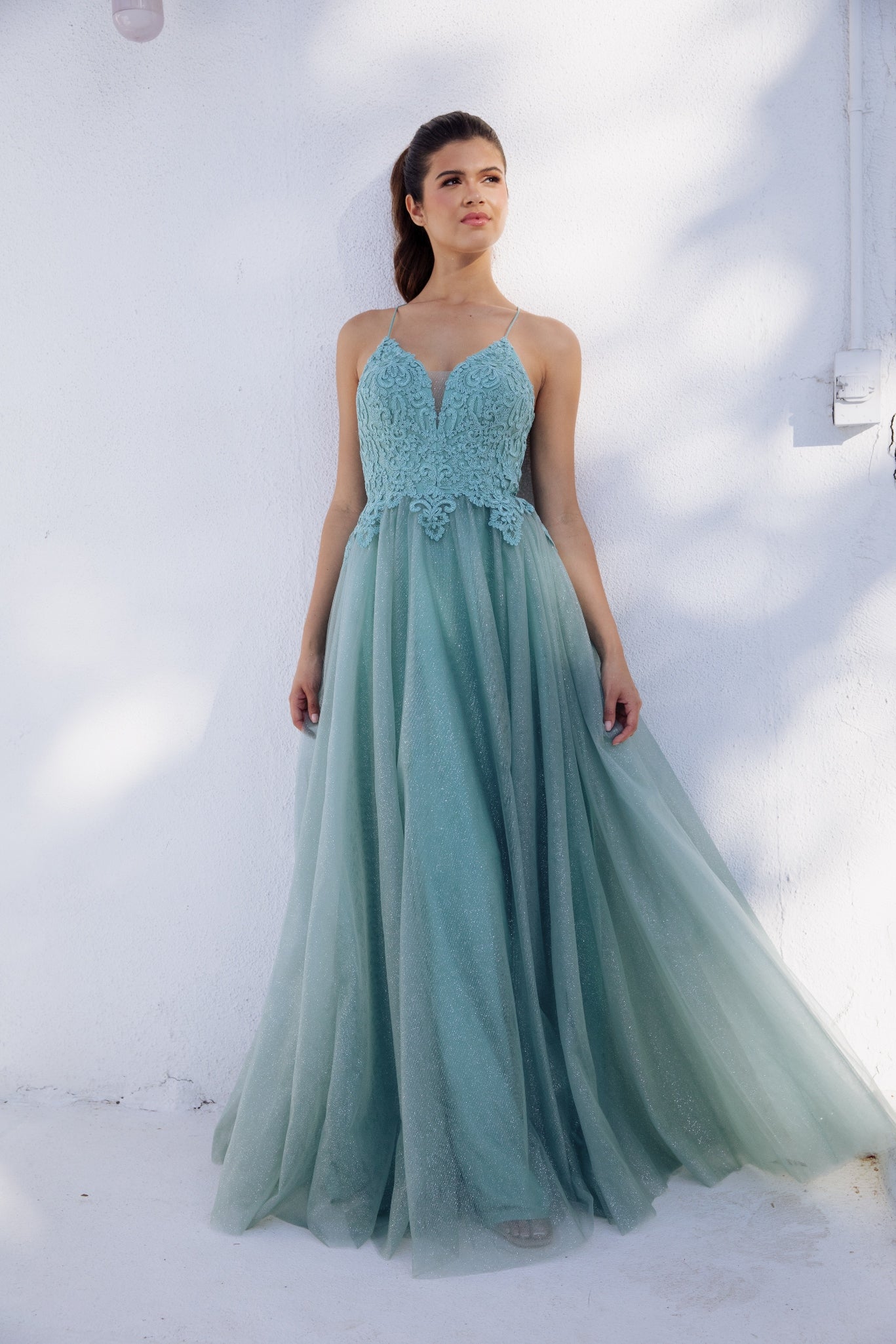 Prom Dresses Lace Applique Long Formal A Line Prom Dress Eureka Fashion 9901 Sage