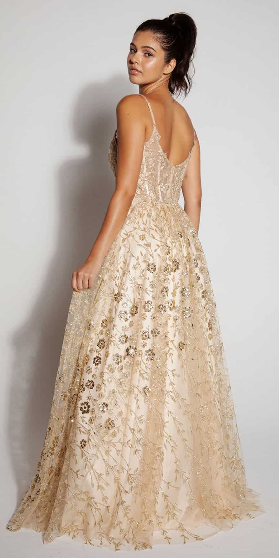Prom Dresses A Line Long Formal Glitter Floral Print Prom Dress Eureka Fashion 9908 Champ/Gold