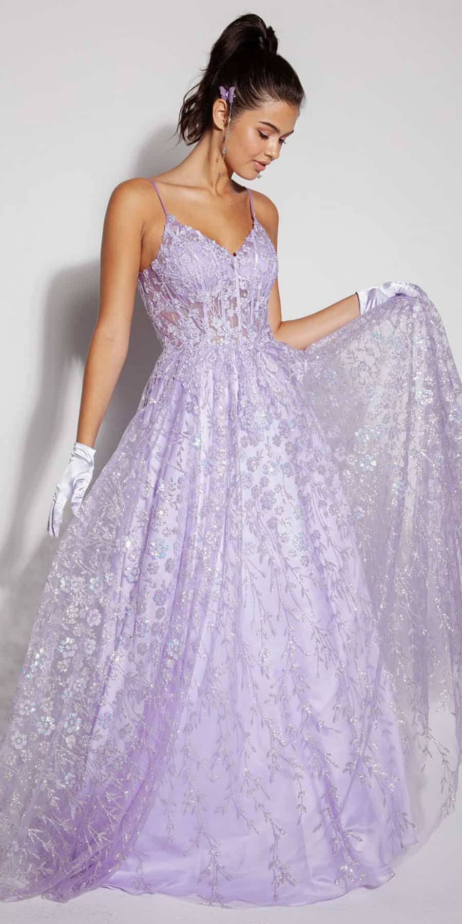 Prom Dresses A Line Long Formal Glitter Floral Print Prom Dress Eureka Fashion 9908 Lilac/Silver