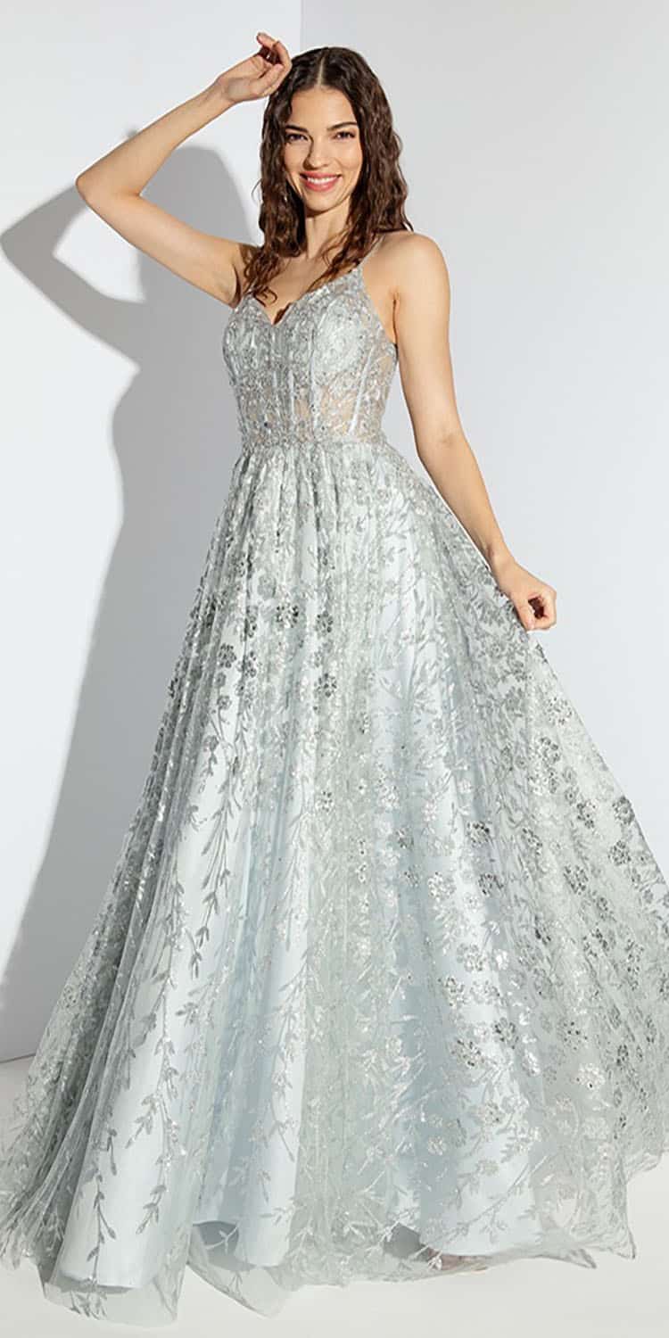 Prom Dresses A Line Long Formal Glitter Floral Print Prom Dress Eureka Fashion 9908 Silver/Silver