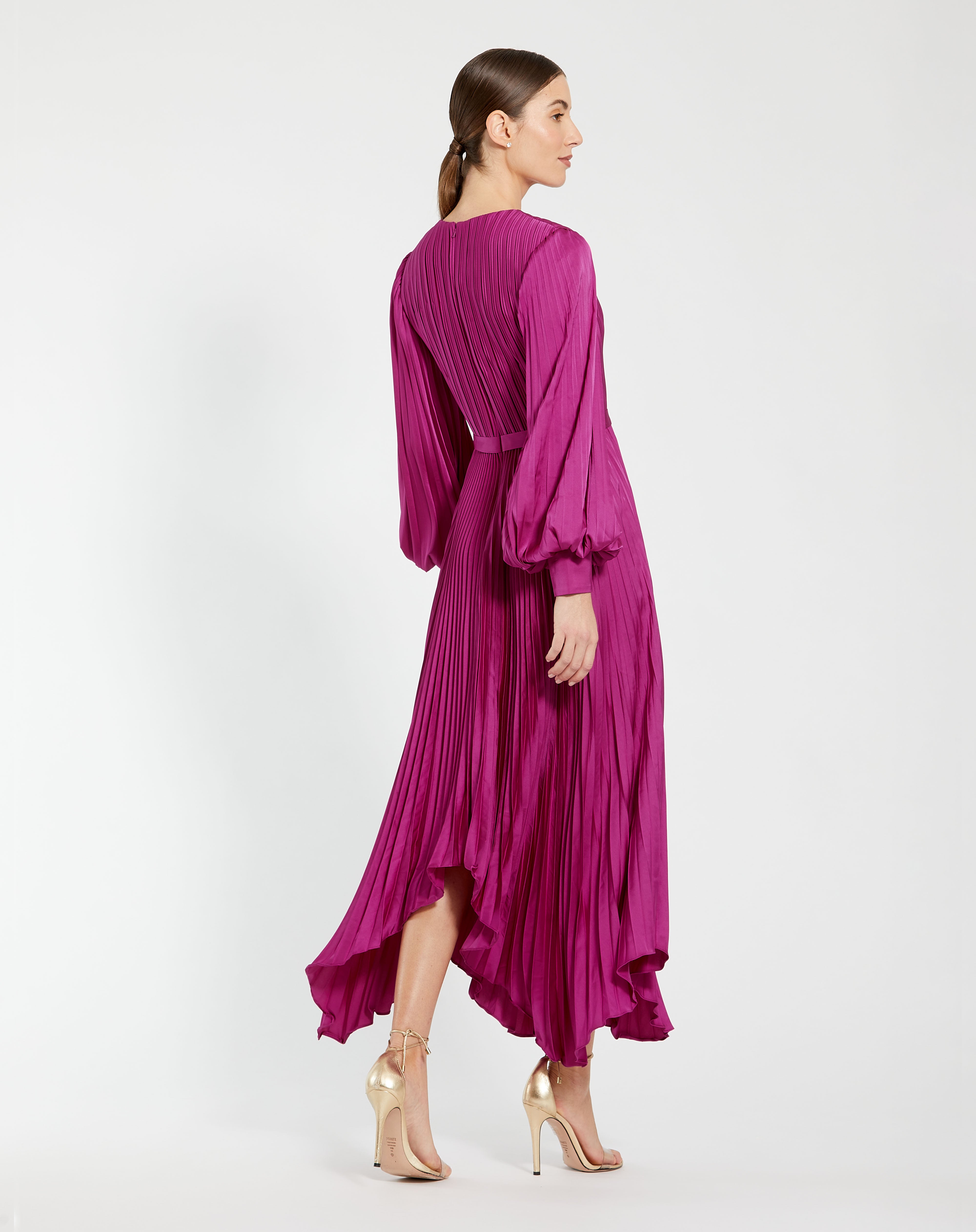Fuchsia High-Neck Midi SatinCocktail Pleated Dress Mac Duggal 9911638P