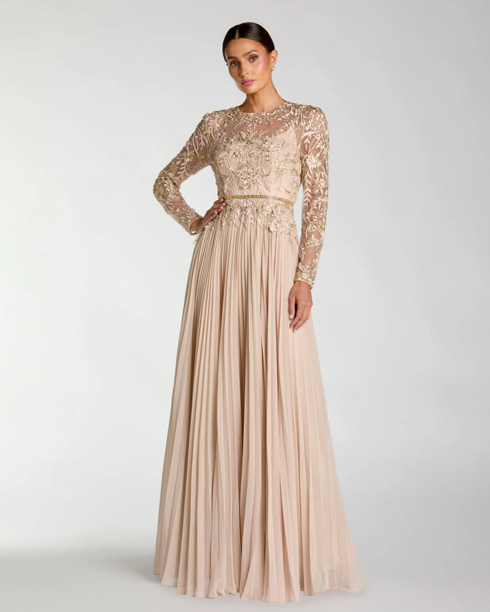 Mother of the Bride Dresses Long Sleeve Formal Pleated Mother of the Bride Dress Mac Duggal 9911986P Taupe