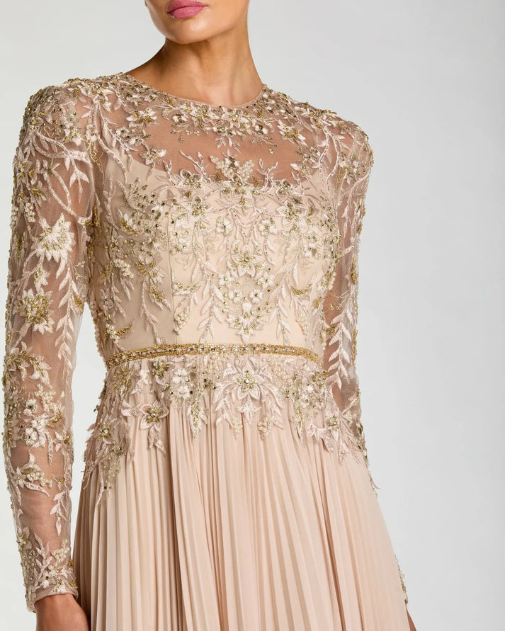 Mother of the Bride Dresses Long Sleeve Formal Pleated Mother of the Bride Dress Mac Duggal 9911986P Taupe