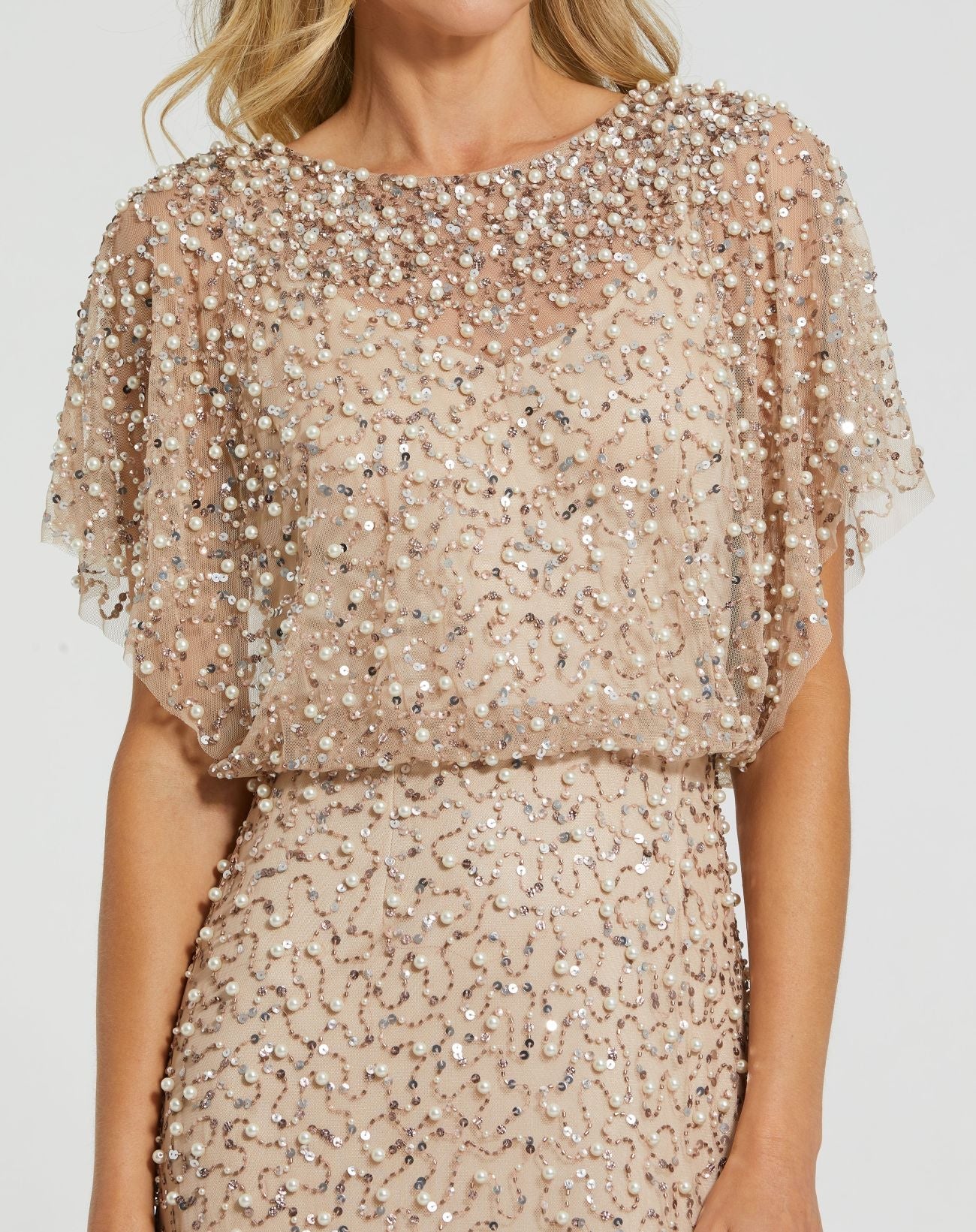 Mother of the Bride Dresses Long Formal Sequin Beaded Mother of the Bride Petite Dress Mac Duggal 9914523P Nude Gold