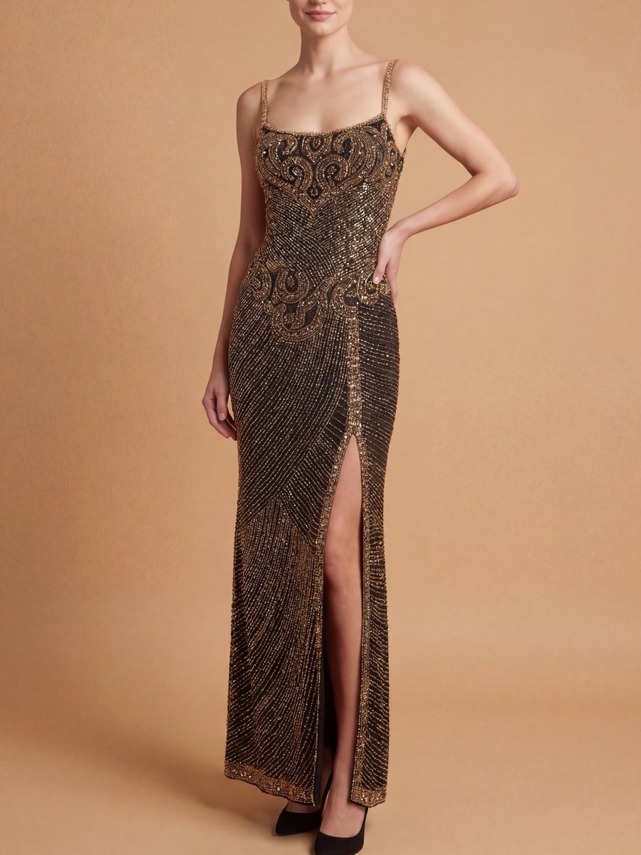 Square Floor-Length Sequin Evening Sheath Lara 9919