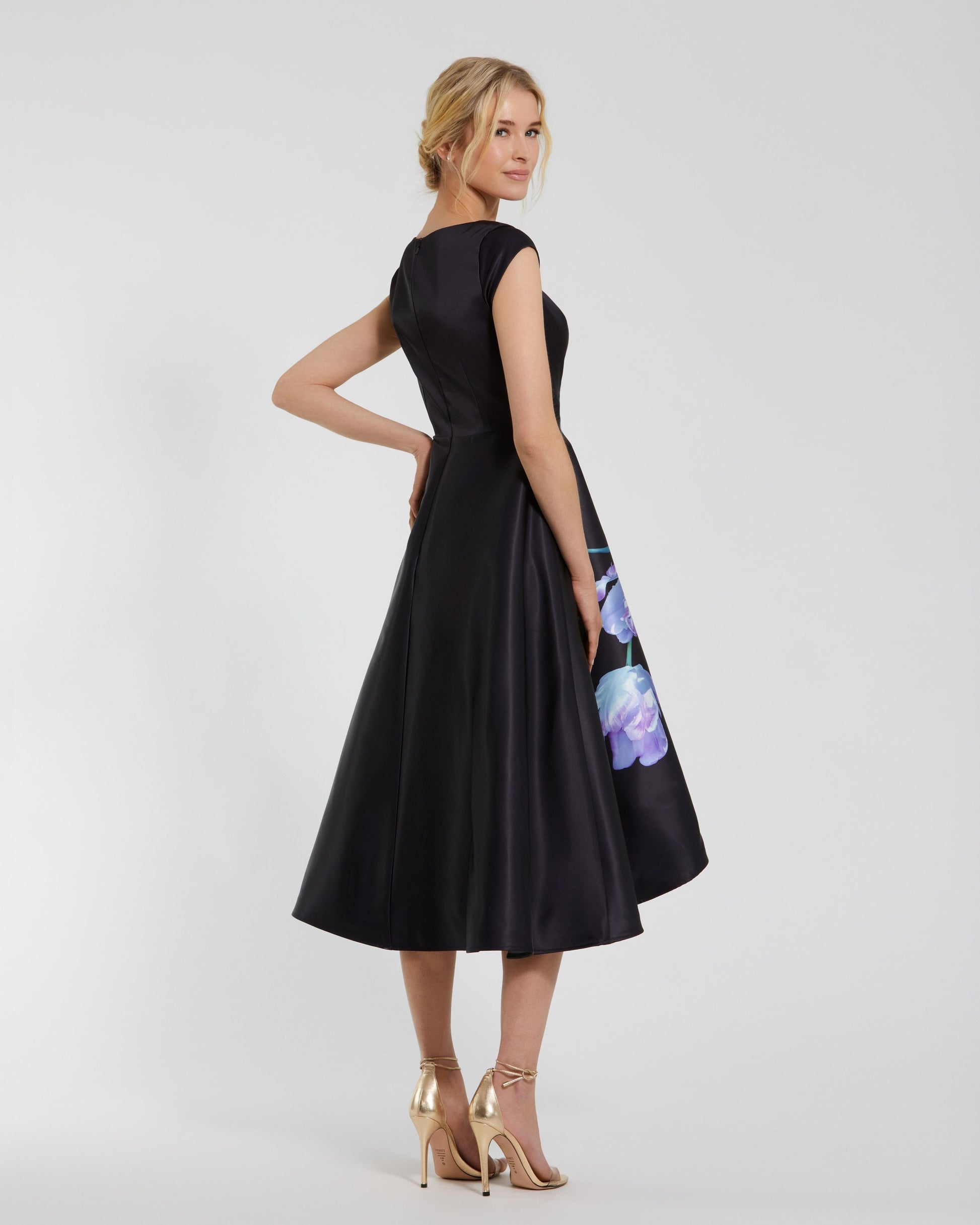 Cocktail Dresses A Line Short Floral Print Midi Cocktail Petite Dress Mac Duggal 9920995P Black Multi