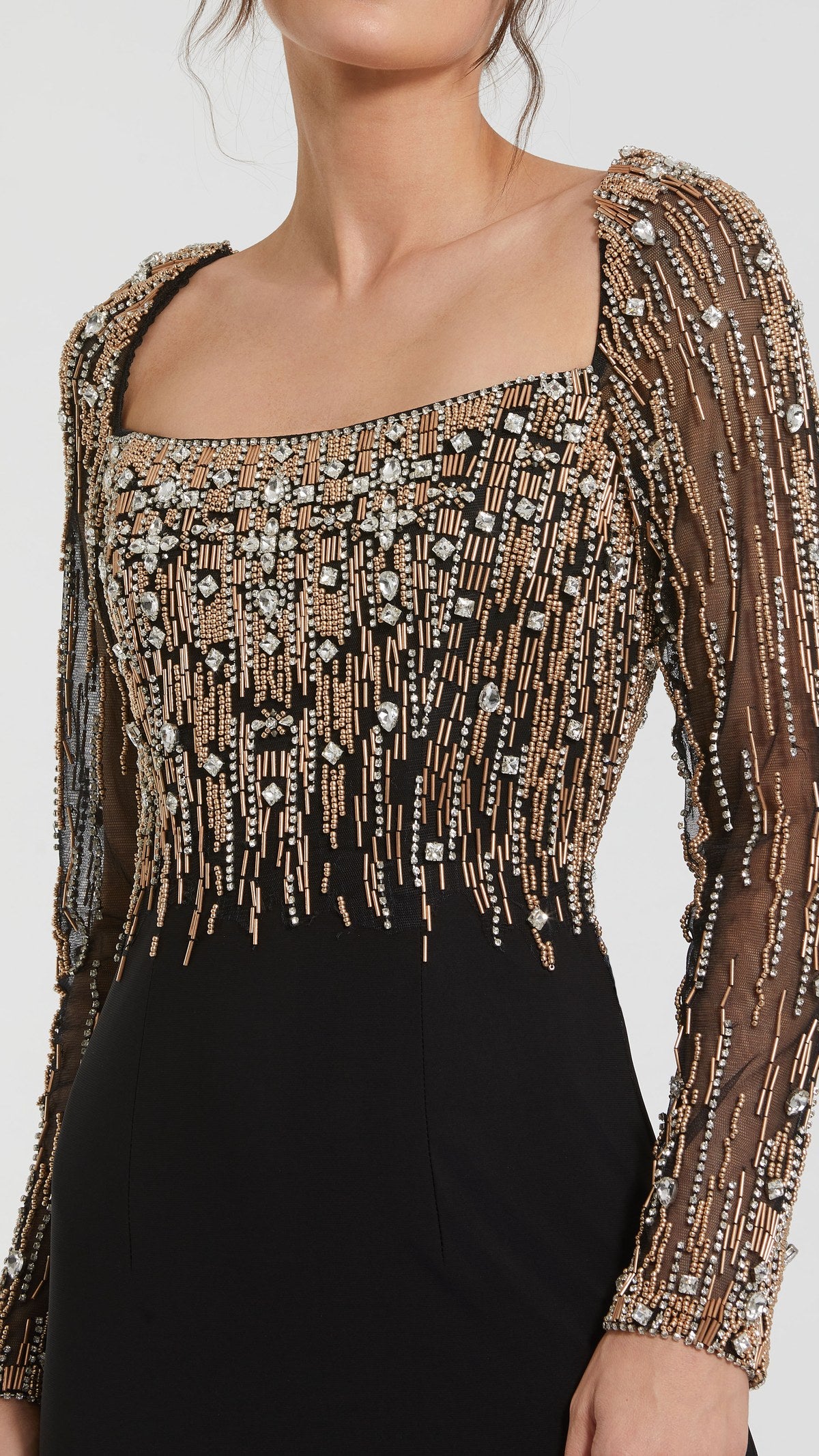 Mac Duggal style 992256P in Black Gold, detail view
