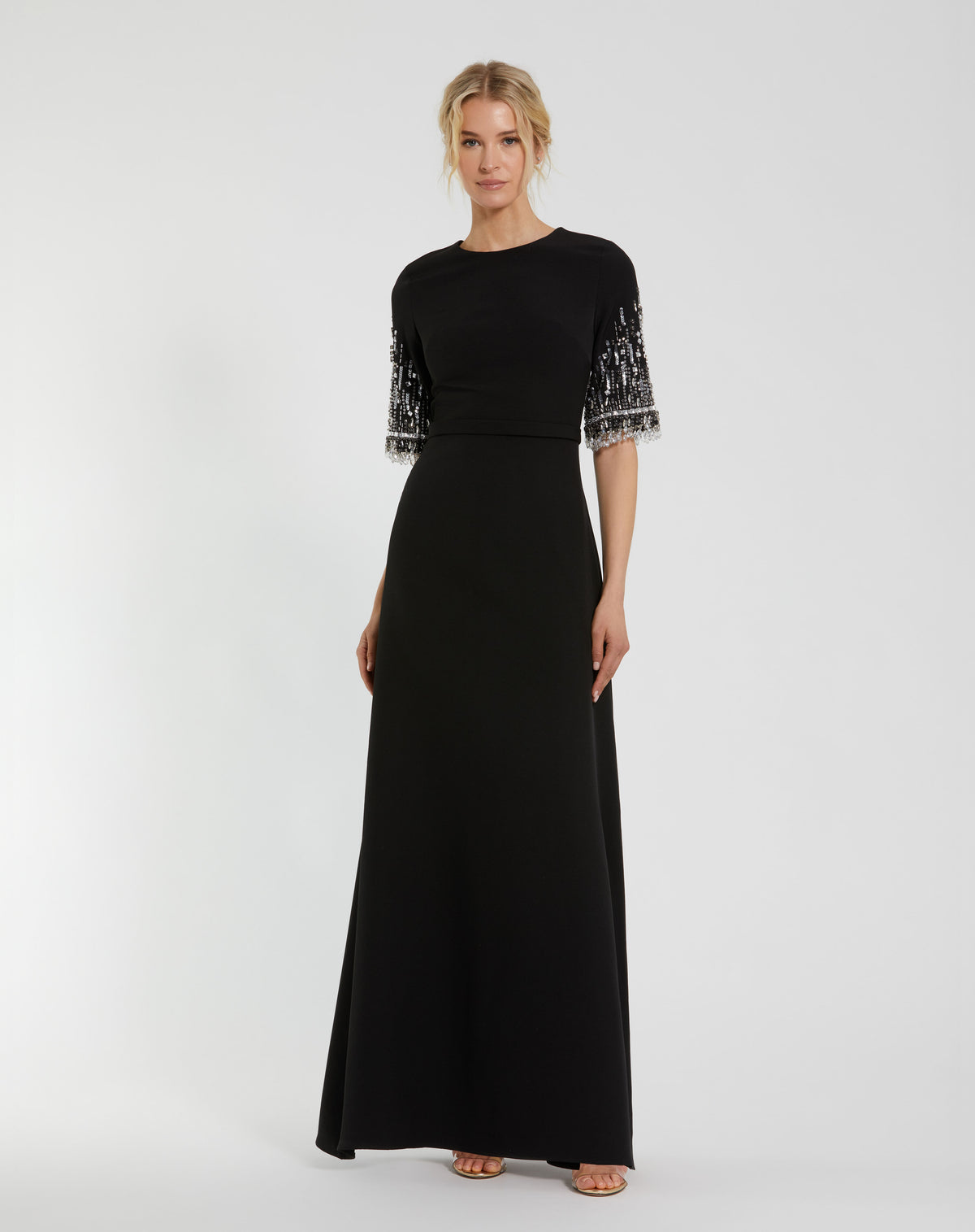 Black Crew Neck Floor Length Crepe Formal Dress Beaded Sleeves Mac Duggal 992270P
