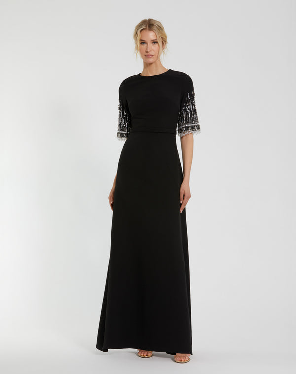 Crew Neck Floor Length Crepe Formal Dress Beaded Sleeves Mac Duggal 992270P