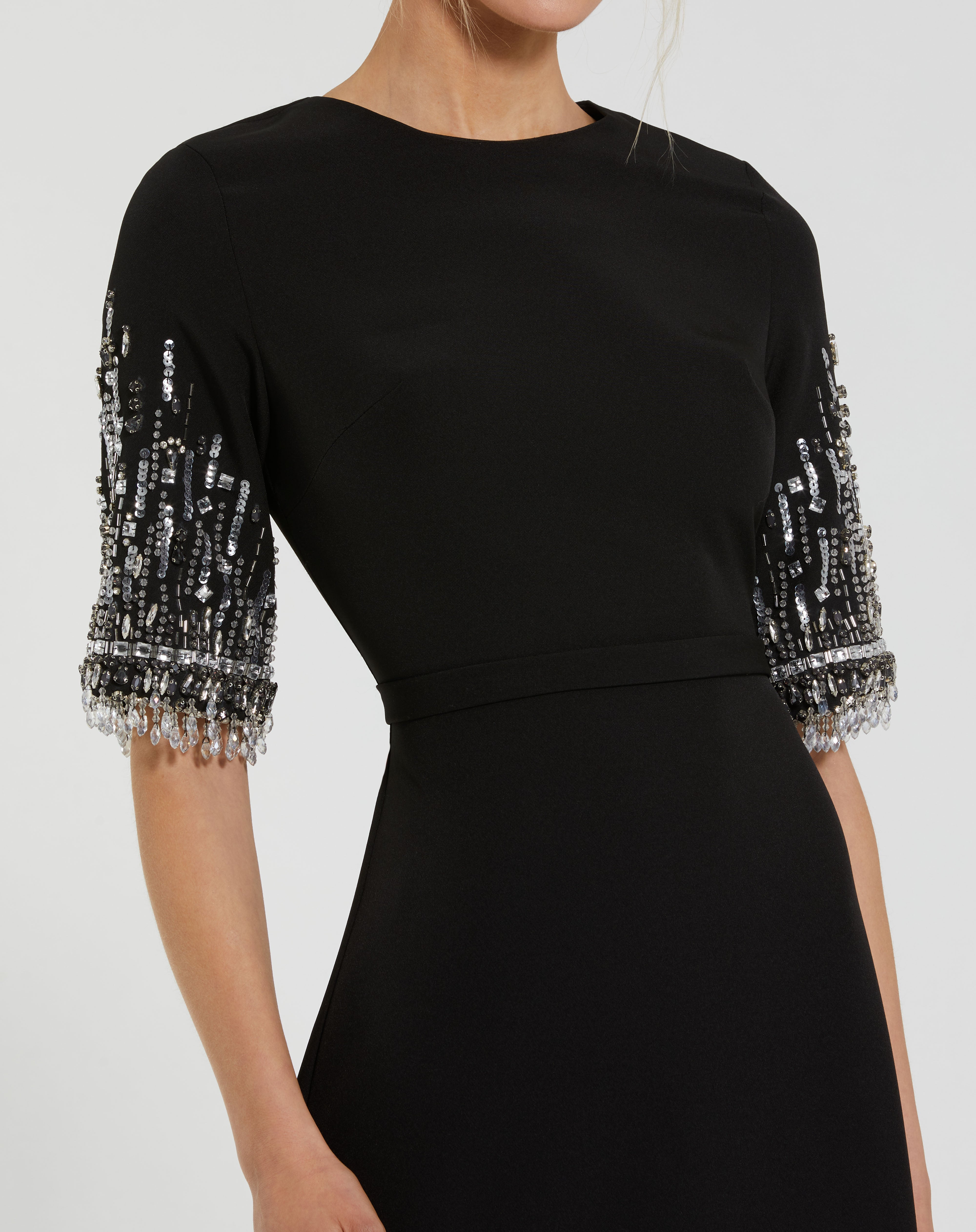Black Crew Neck Floor Length Crepe Formal Dress Beaded Sleeves Mac Duggal 992270P
