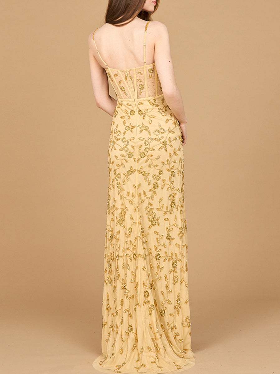Prom Dresses Beaded Long Formal Prom Dress Gold