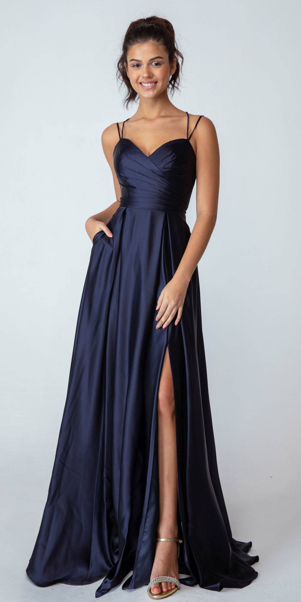 Prom Dresses Long Formal Slit A Line Pleated Prom Dress Eureka Fashion 9925 Navy