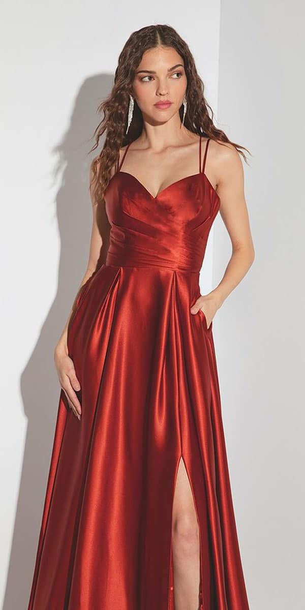 Prom Dresses Long Formal Slit A Line Pleated Prom Dress Eureka Fashion 9925 Terracotta