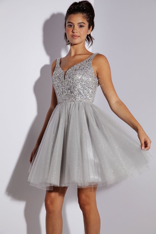 gray mini dress A Line Short Beaded Mini Homecoming Cocktail Dress Eureka Fashion 9926 –  The Dress Outlet