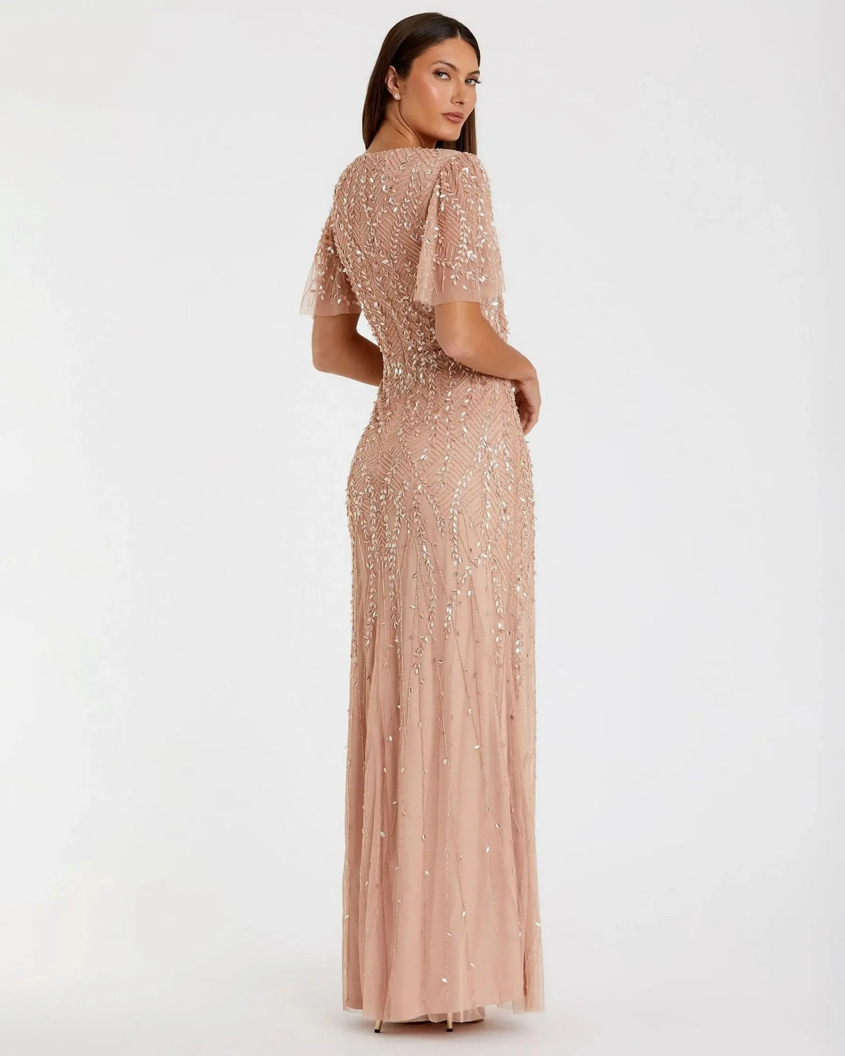 V-Neck Long Beaded Evening Gown by Mac Duggal 9935109P in Nude