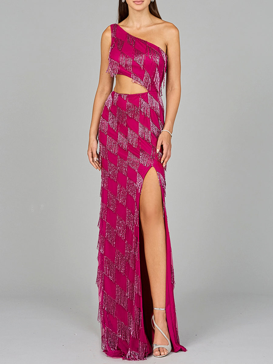 Prom Dresses Long Beaded Formal Fringe Prom Dress Raspberry