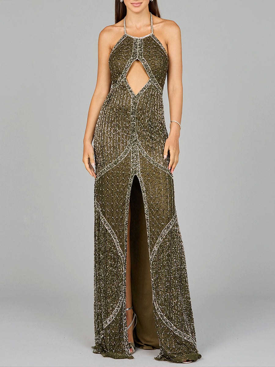 Prom Dresses ong Formal Beaded Halter Prom Dress Olive