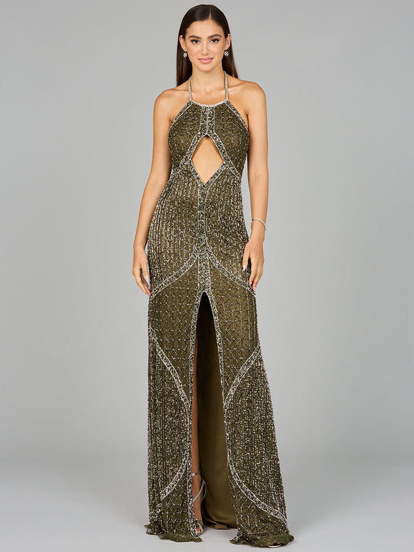 Lara Dresses 9945 Long Formal Beaded Halter Prom Dress