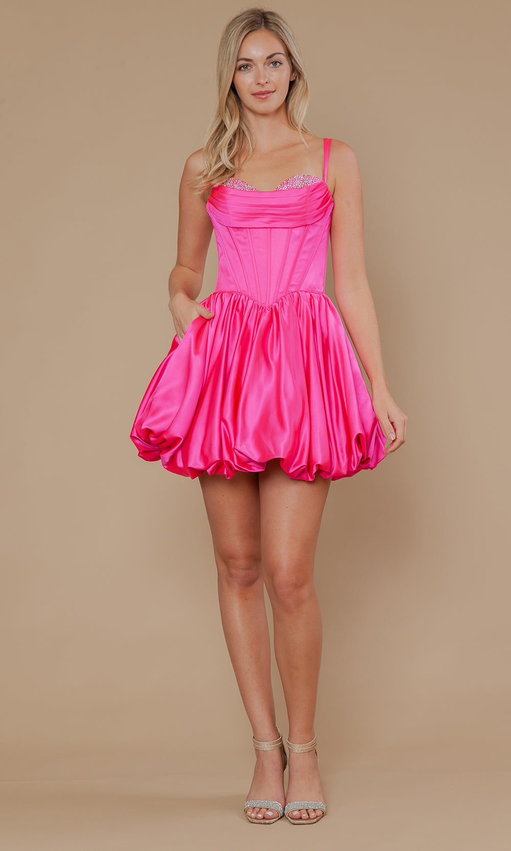 Hot Pink Sweetheart Mini Satin Cocktail Dress Bubble Hem Double Straps Poly USA 9946