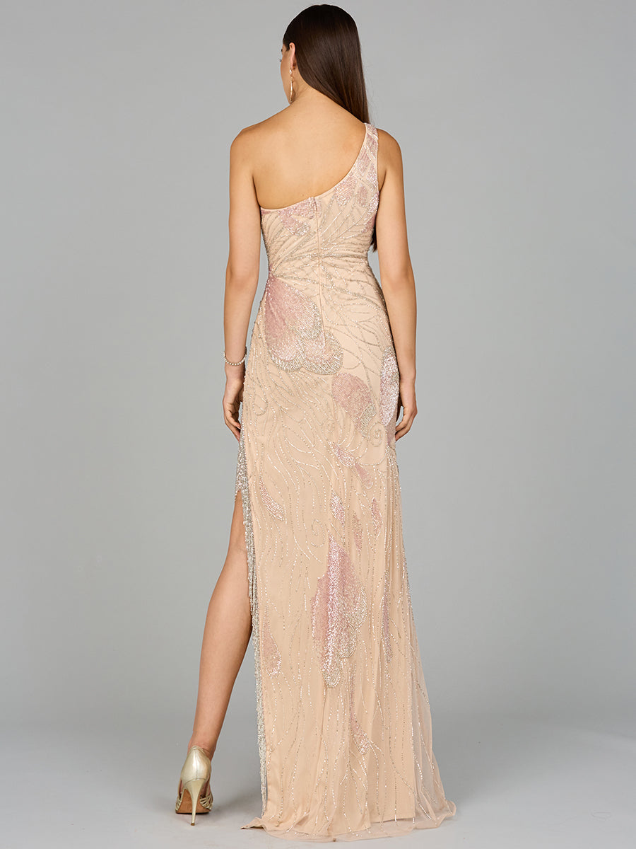 Prom Dresses Fitted Long Formal Beaded Fringed Slit Prom Dress Nude/Multi