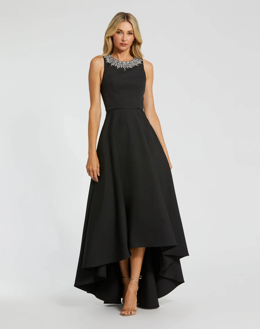 Jewel Neck High-Low Mikado Gown by Mac Duggal 9949844P in BLACK