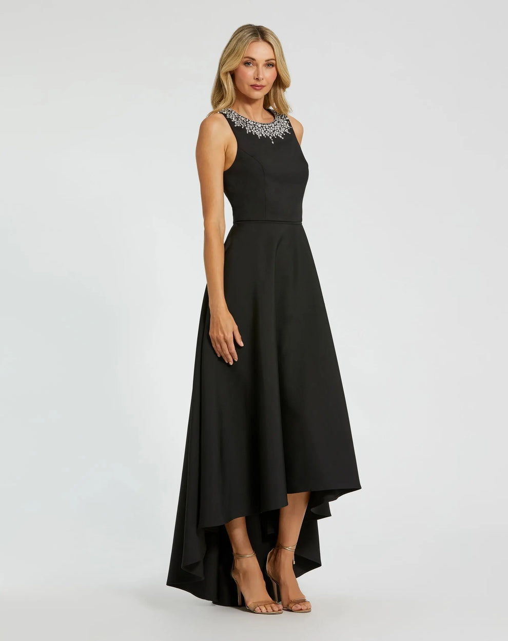 Jewel Neck High-Low Mikado Gown by Mac Duggal 9949844P in BLACK