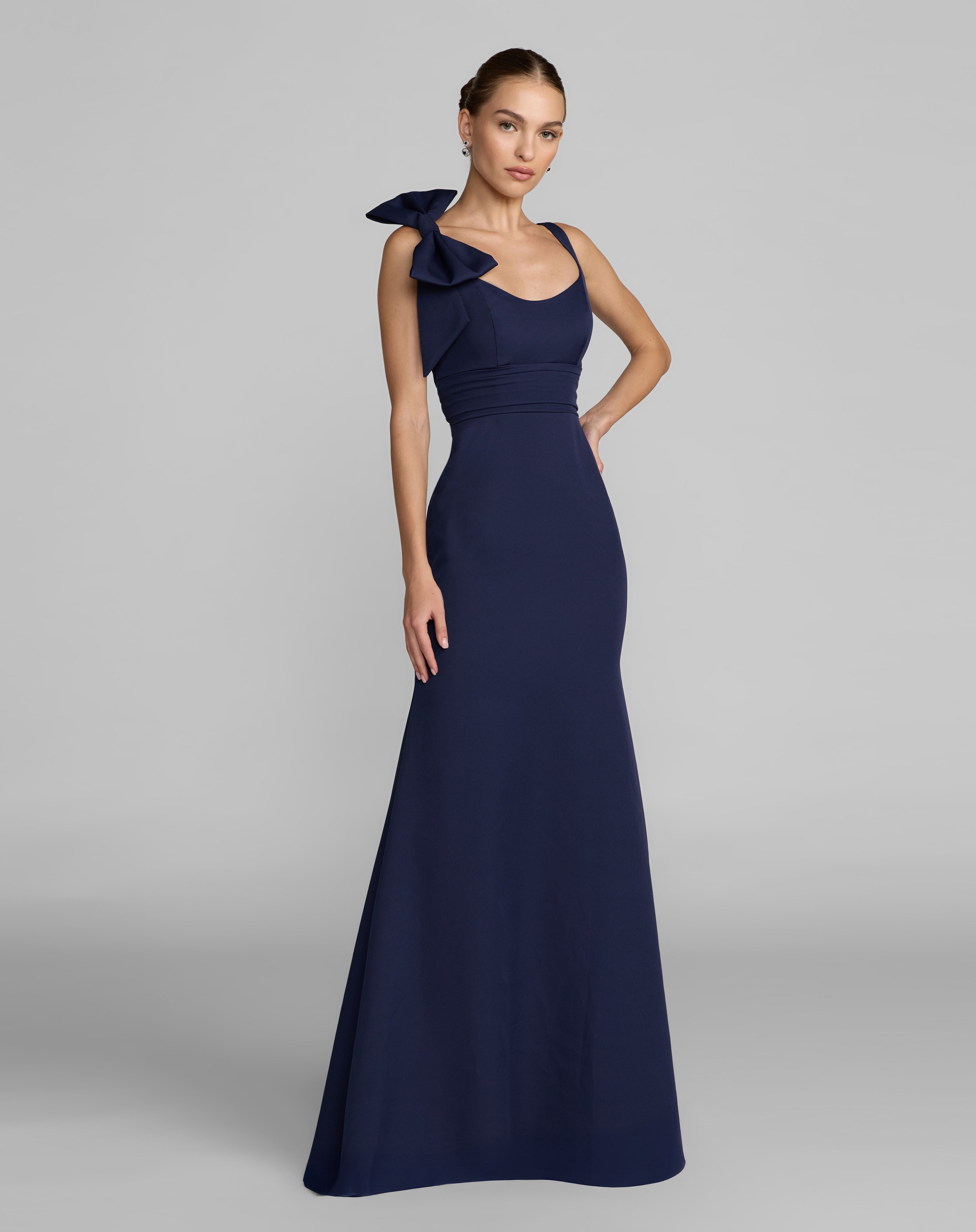 Navy Scoop Neck Floor-Length Crepe Formal Bow Dress Mac Duggal 9949964P