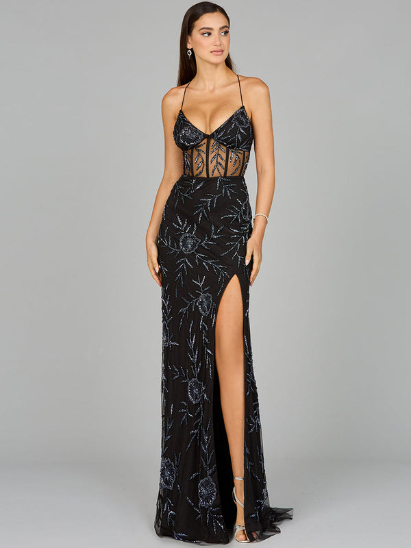 Lara Dresses 9951 Long Formal Beaded Floral Corset Prom Dress