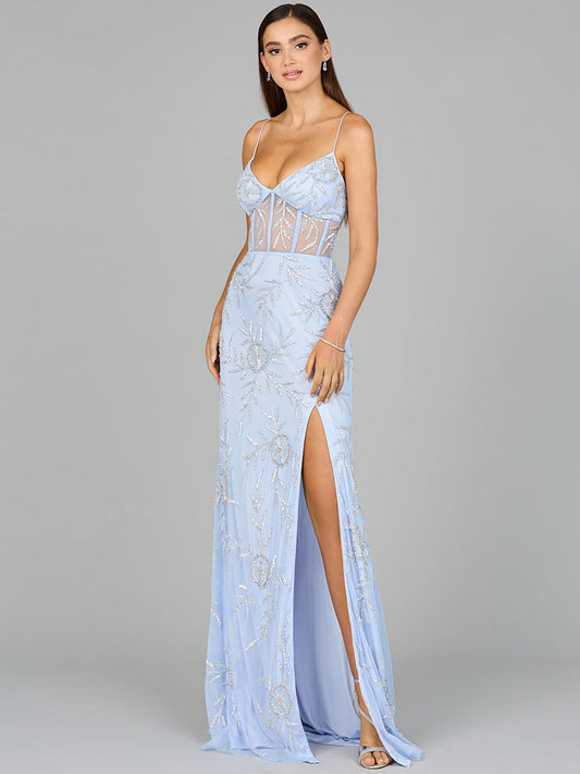 Prom Dresses Long Formal Beaded Floral Corset Prom Dress Periwinkle/Silver