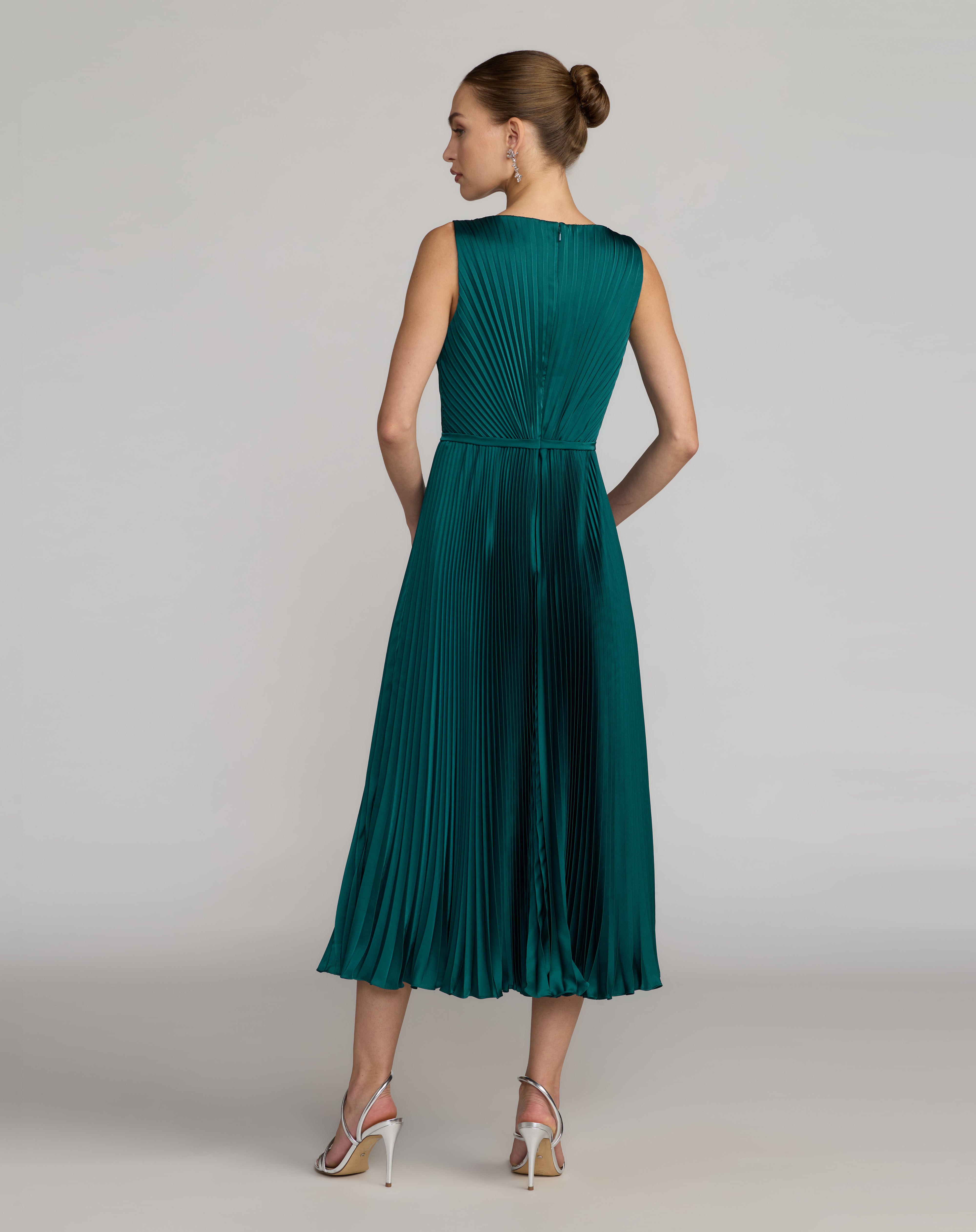 Ocean Blue Bateau Midi Pleated Satin Cocktail Dress Petite Dress Mac Duggal 9956326P