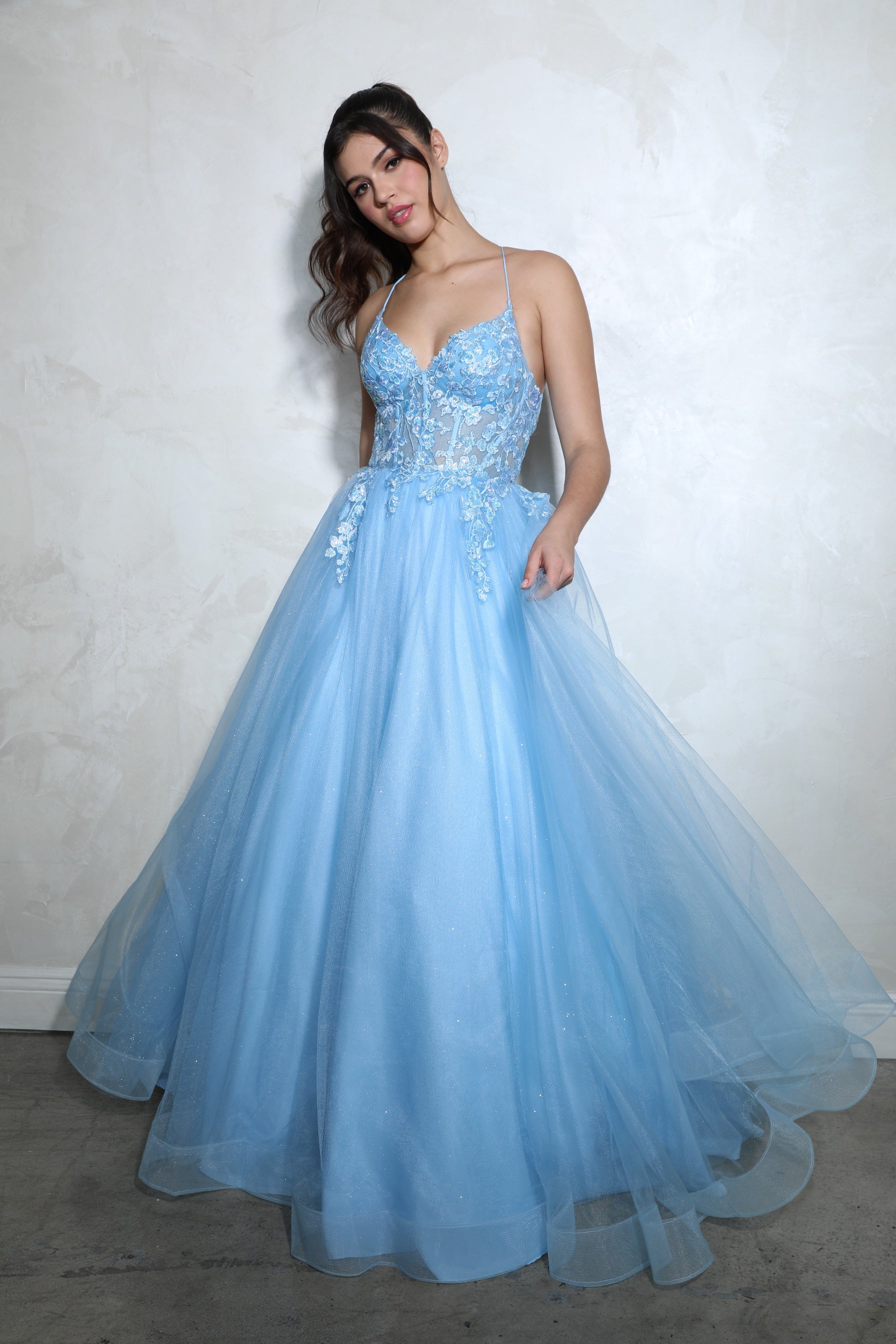 Prom Dresses Floral Applique Long Formal A Line Corset Prom Dress Eureka Fashion 9960 Blue