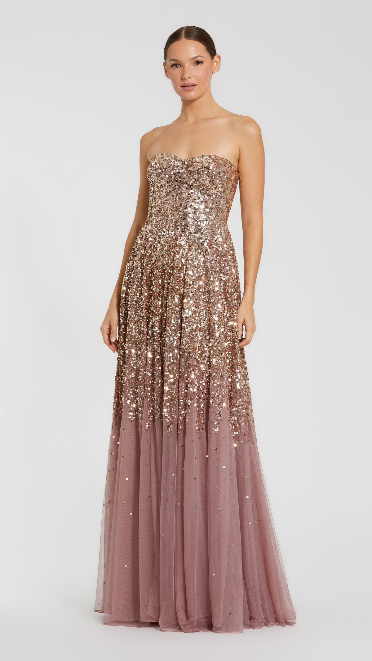 Mac Duggal style 996144P in Gold Amethyst, front view