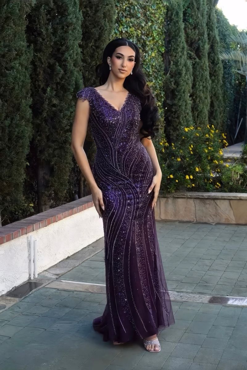 V-Neck Floor-Length Sequin Evening Gown Sheath Column May Queen RQ8269