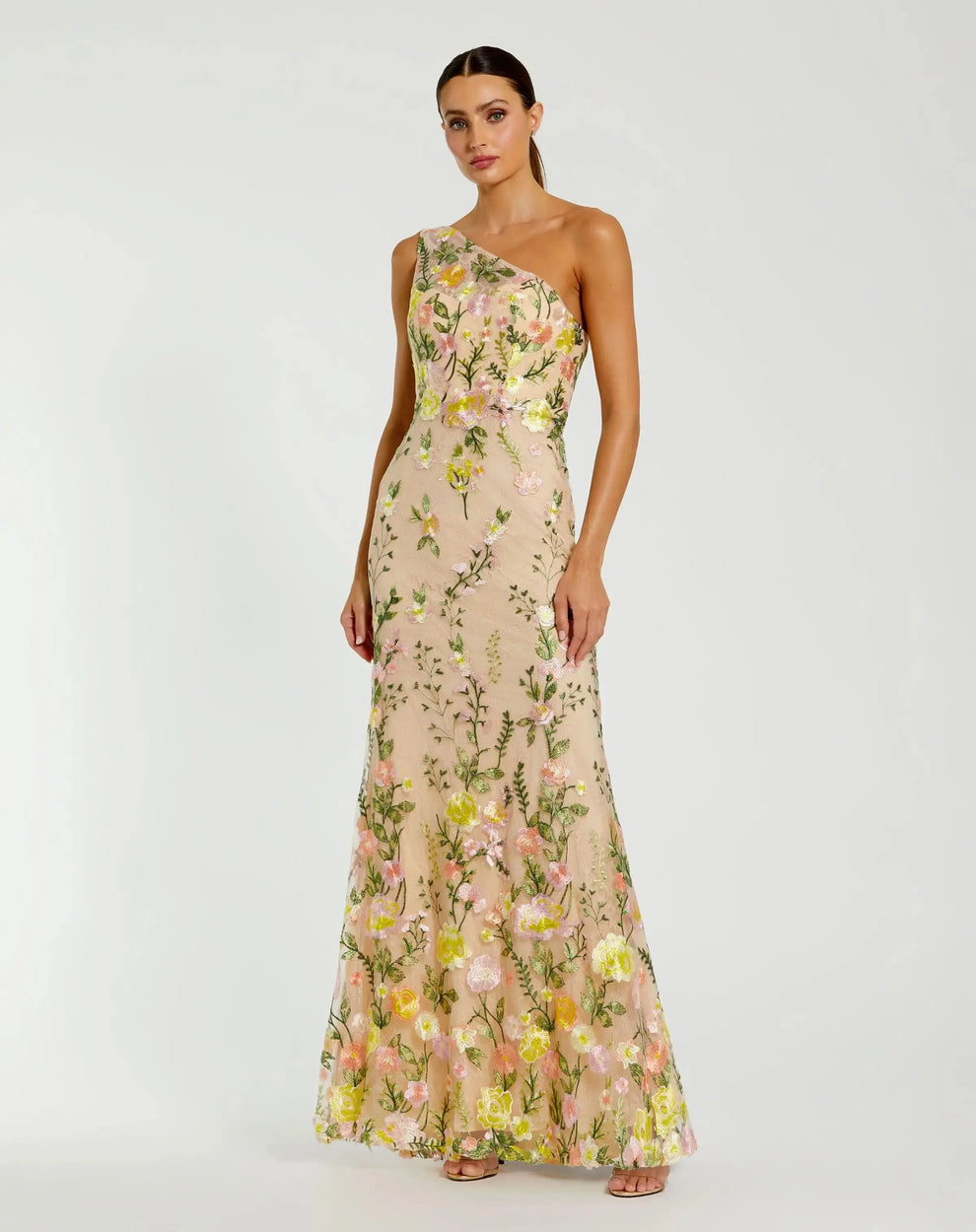 Formal Dresses Floral Long Lace Applique Formal Dress Mac Duggal 9968606 Yellow Multi