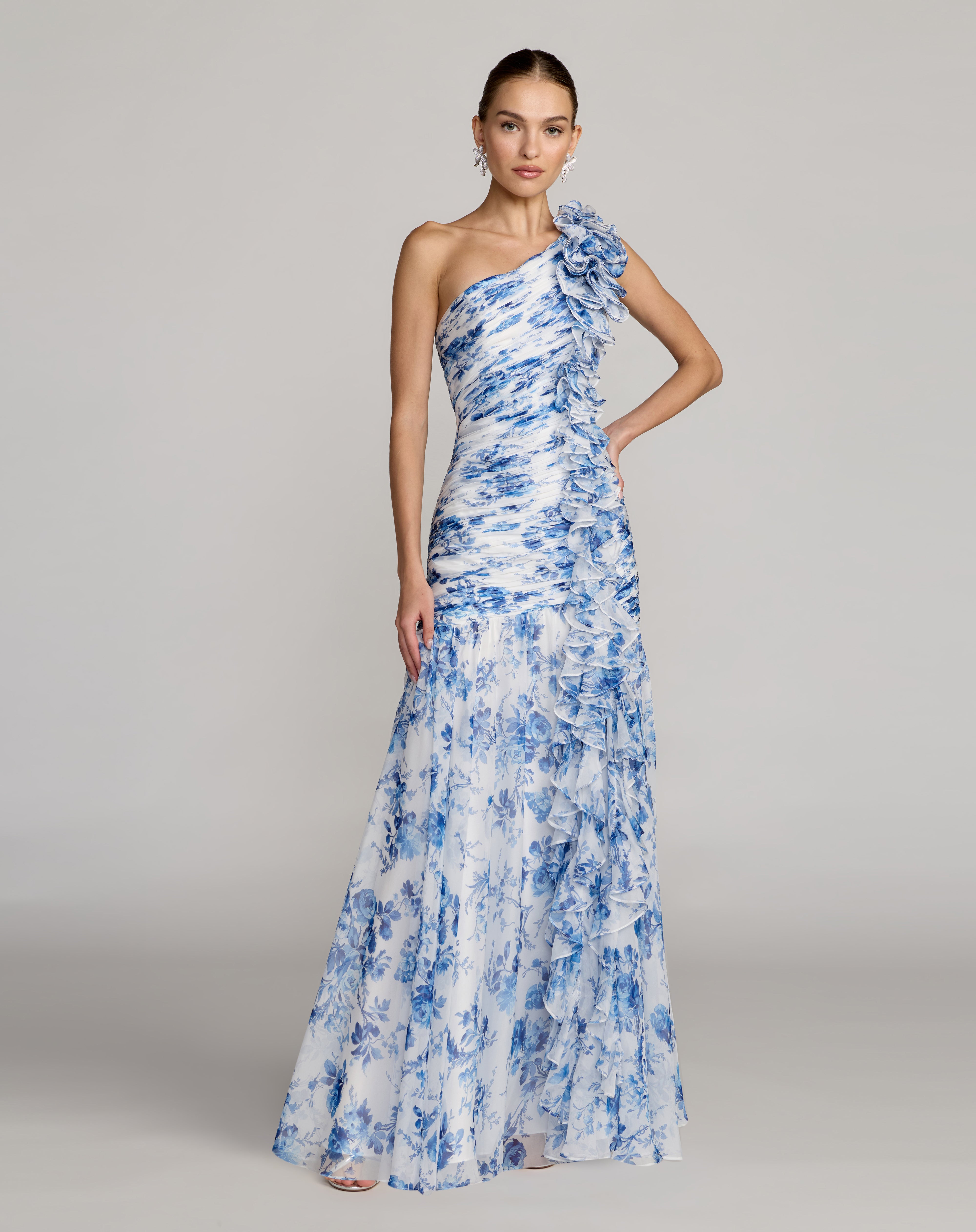Blue Multi One-Shoulder Floor-Length Chiffon Formal Ruffle Dress Mac Duggal 9968992P