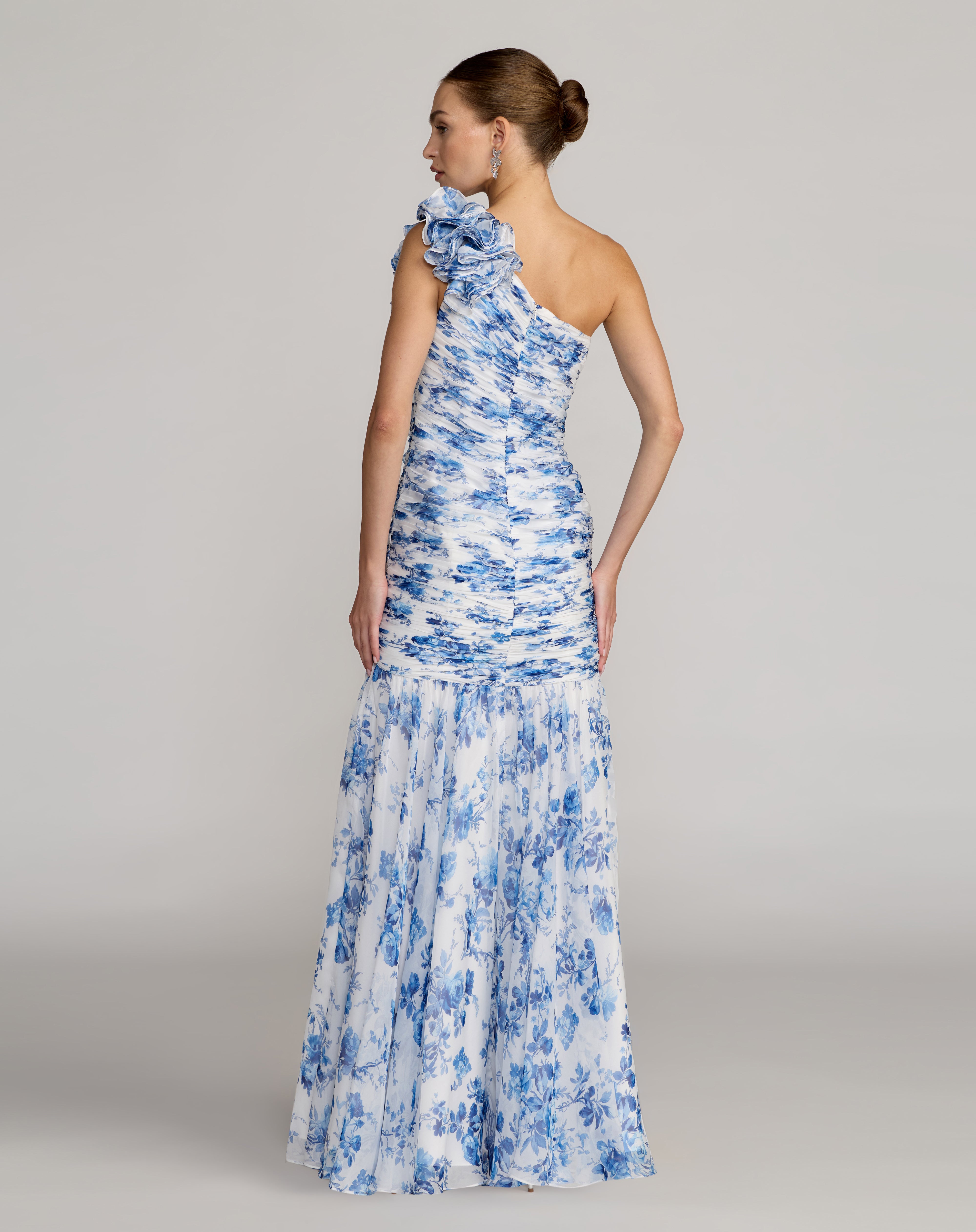 Blue Multi One-Shoulder Floor-Length Chiffon Formal Ruffle Dress Mac Duggal 9968992P