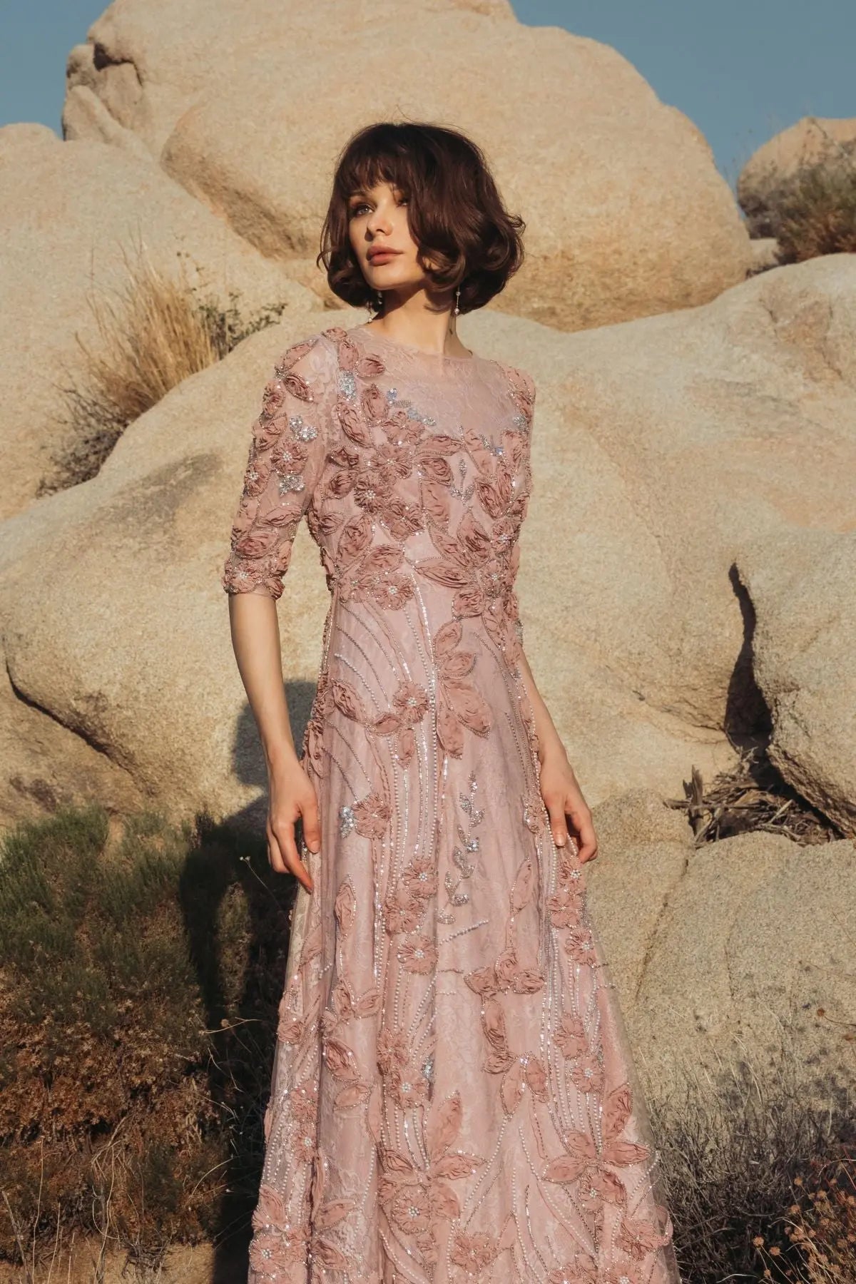 Mother of the Bride Dresses A Line Long Formal Lace Mother of the Bride Petite Dress Mac Duggal 9969016P Mocha