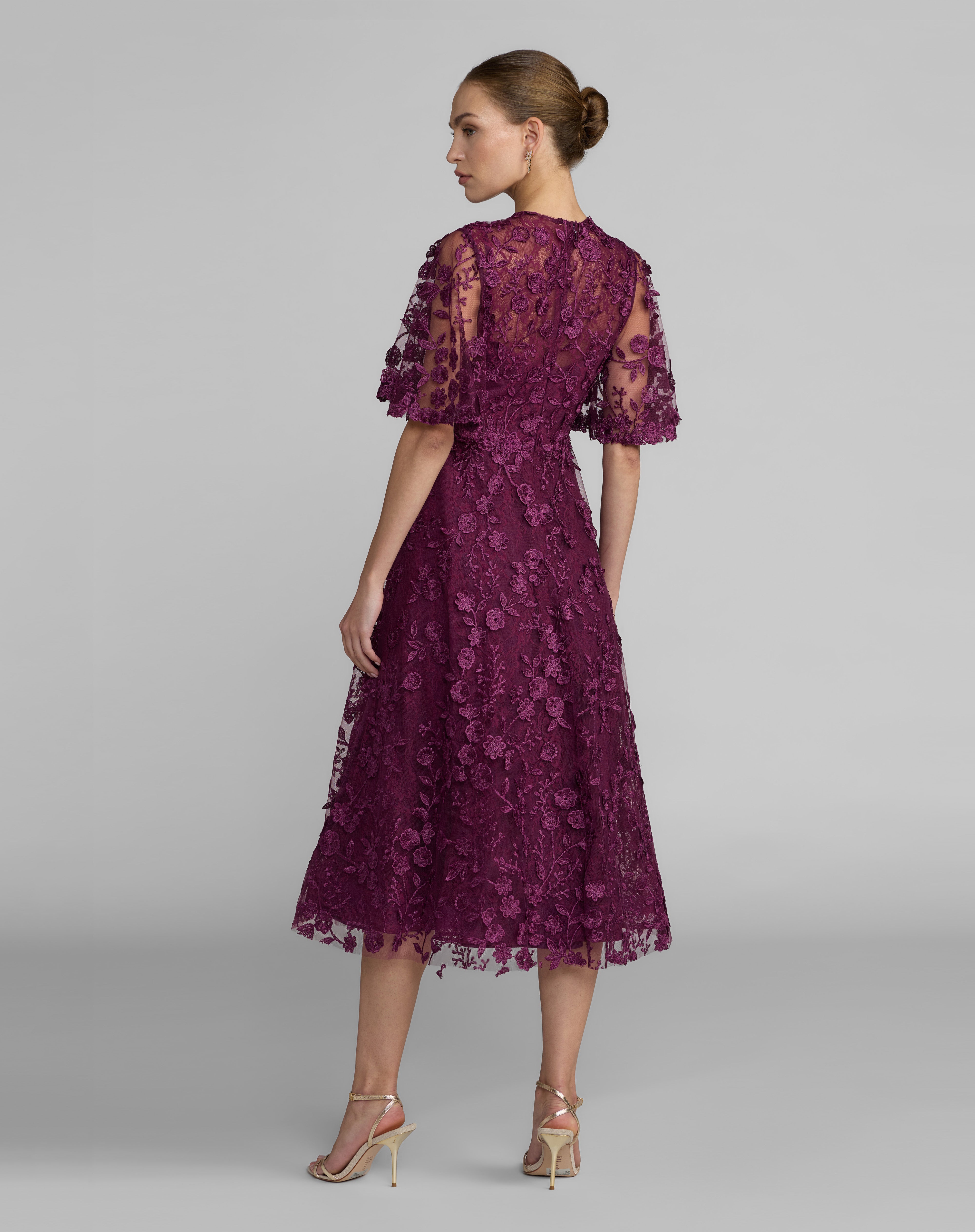 Aubergine Crew Neck Midi Mesh Cocktail Flutter Sleeve Dress Mac Duggal 9969036P