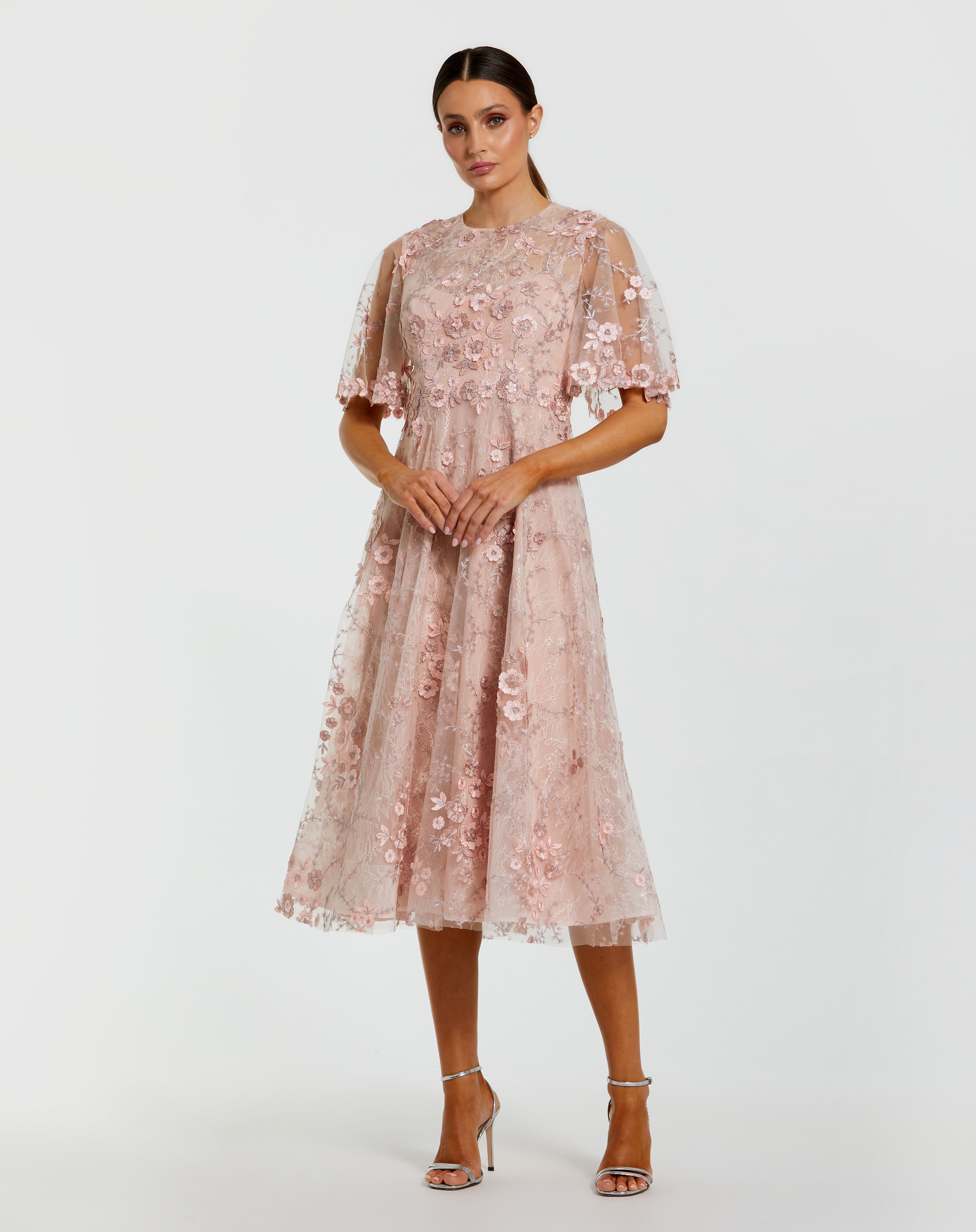 Blush Crew Neck Midi Mesh Cocktail Flutter Sleeve Dress Mac Duggal 9969036P
