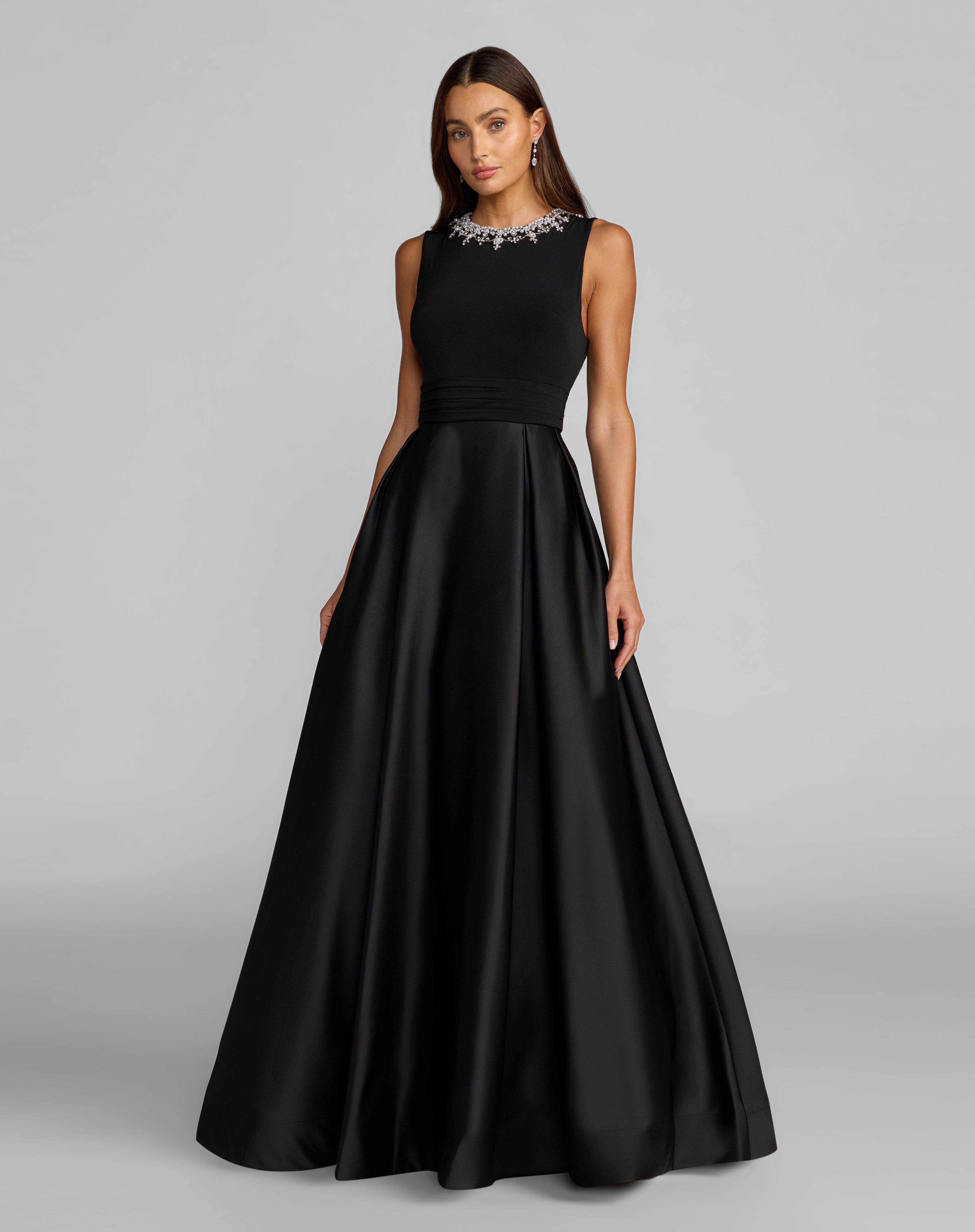 Mac Duggal Petite Pearl-Embellished High-Neck Sleeveless A-Line Evening Gown