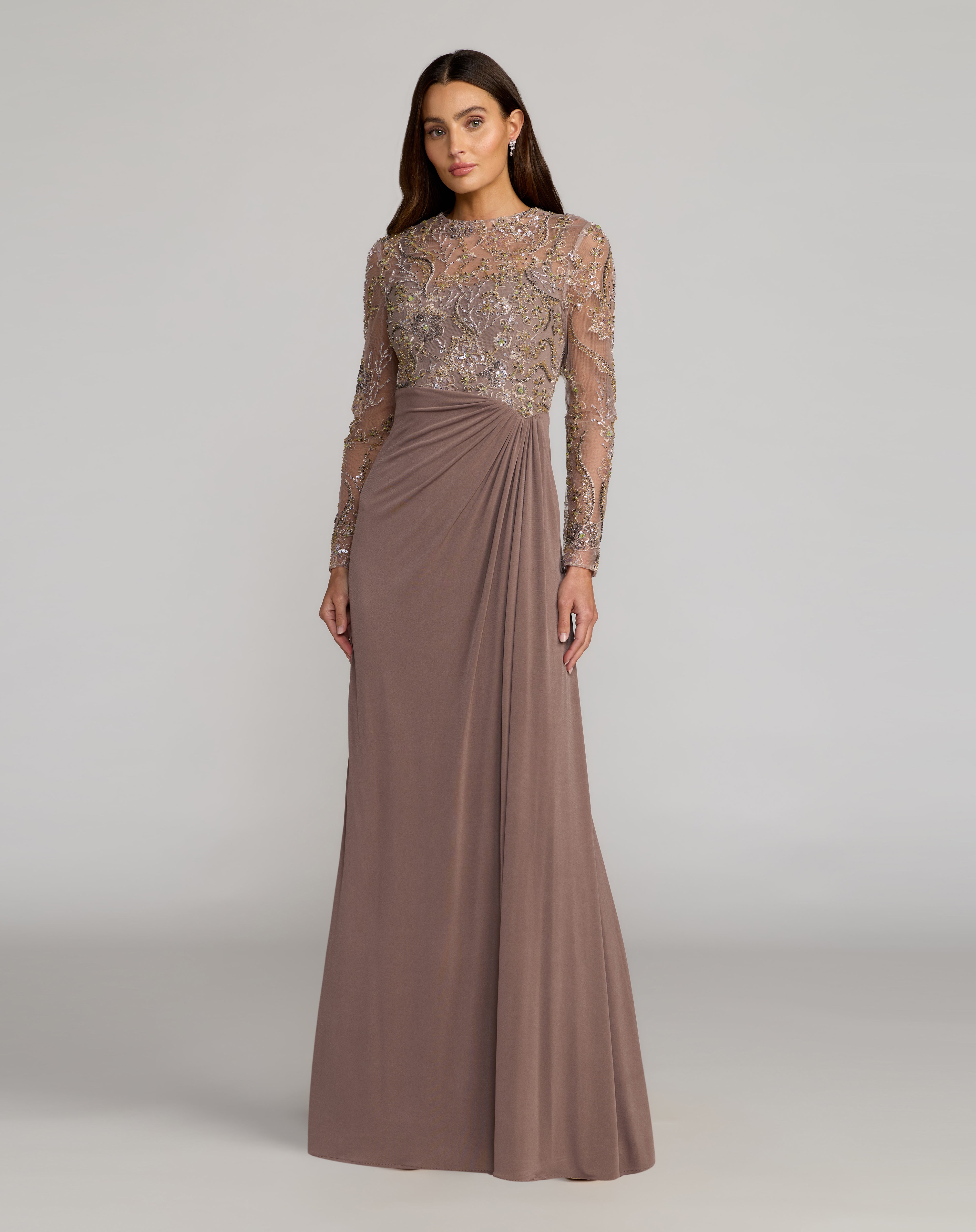 Golden Brown Crew Neck Floor-Length Mesh Formal Beaded Dress Mac Duggal 9969121P