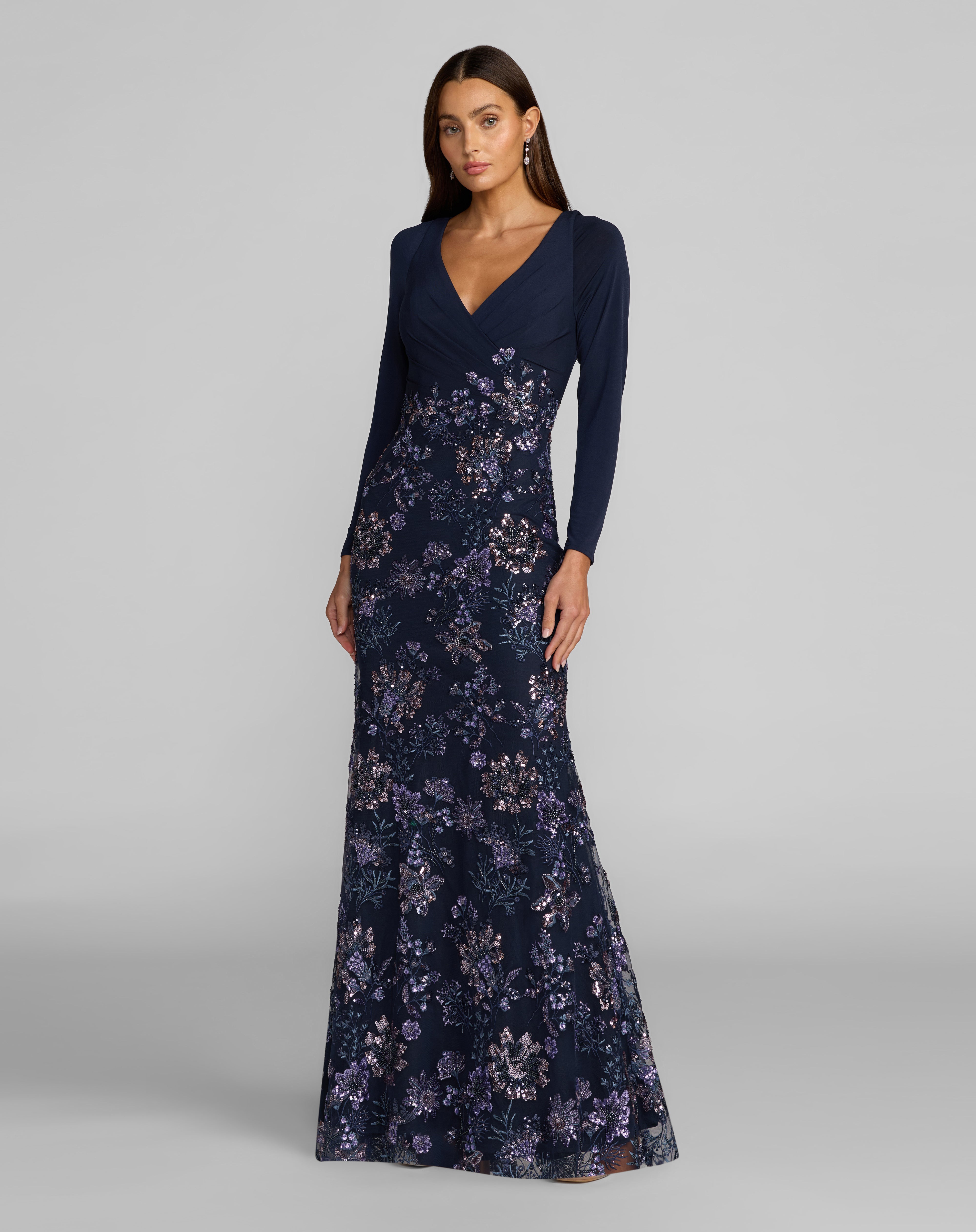 V-Neck Floor-Length Mesh Formal Sequin Floral Dress Mac Duggal 9969122P – The Dress Outlet