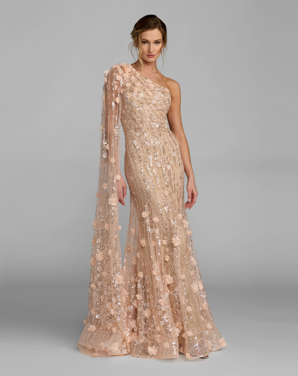 Porcelain One-Shoulder Floor-Length Sequin Formal Capelet Dress Mac Duggal 9969190P