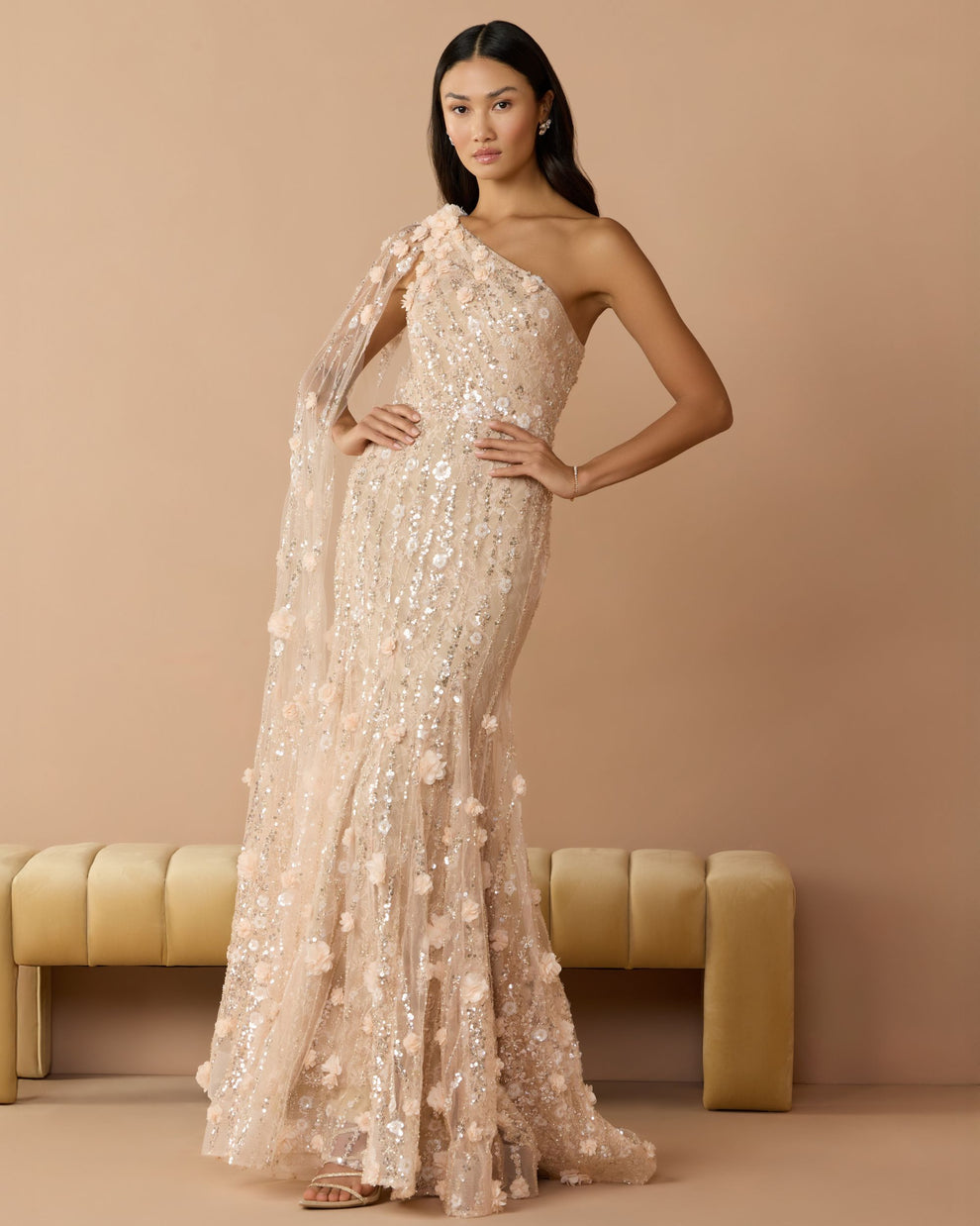Porcelain One-Shoulder Floor-Length Sequin Formal Capelet Dress Mac Duggal 9969190P