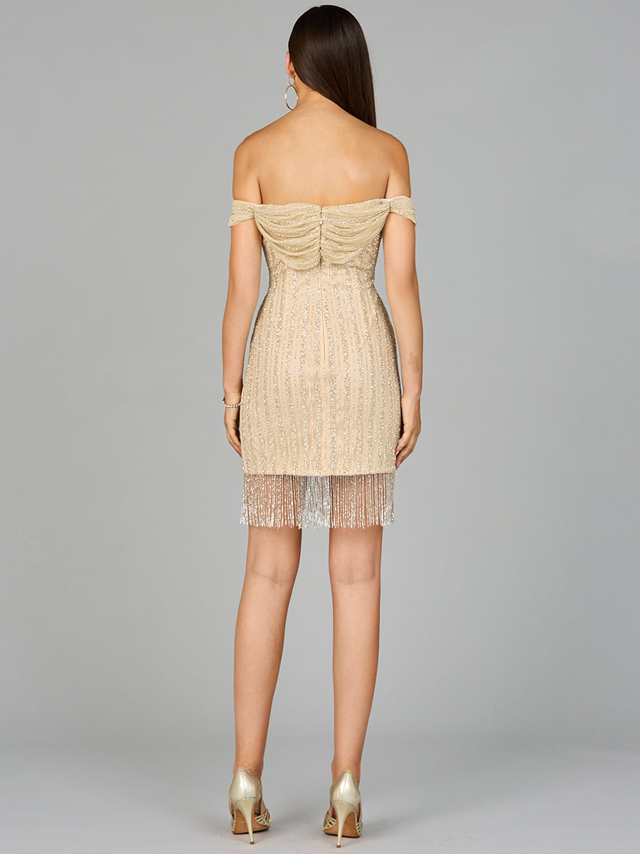 Homecoming Dresses Homecoming Mini Short Fringe Dress Nude/Silver
