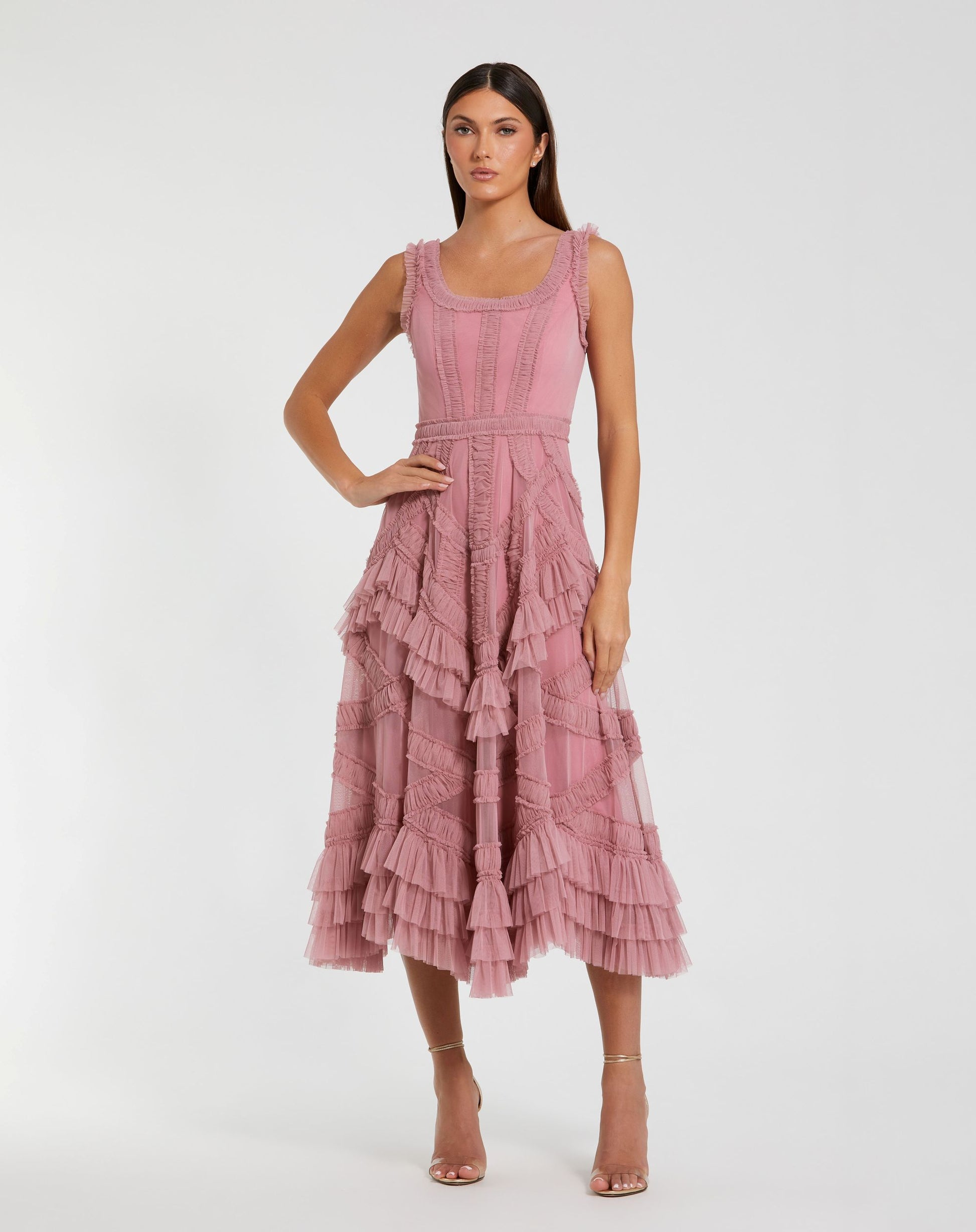Cocktail Dresses Midi A Line Short Cocktail Ruffle Petite Dress Mac Duggal 998250P Antique Rose