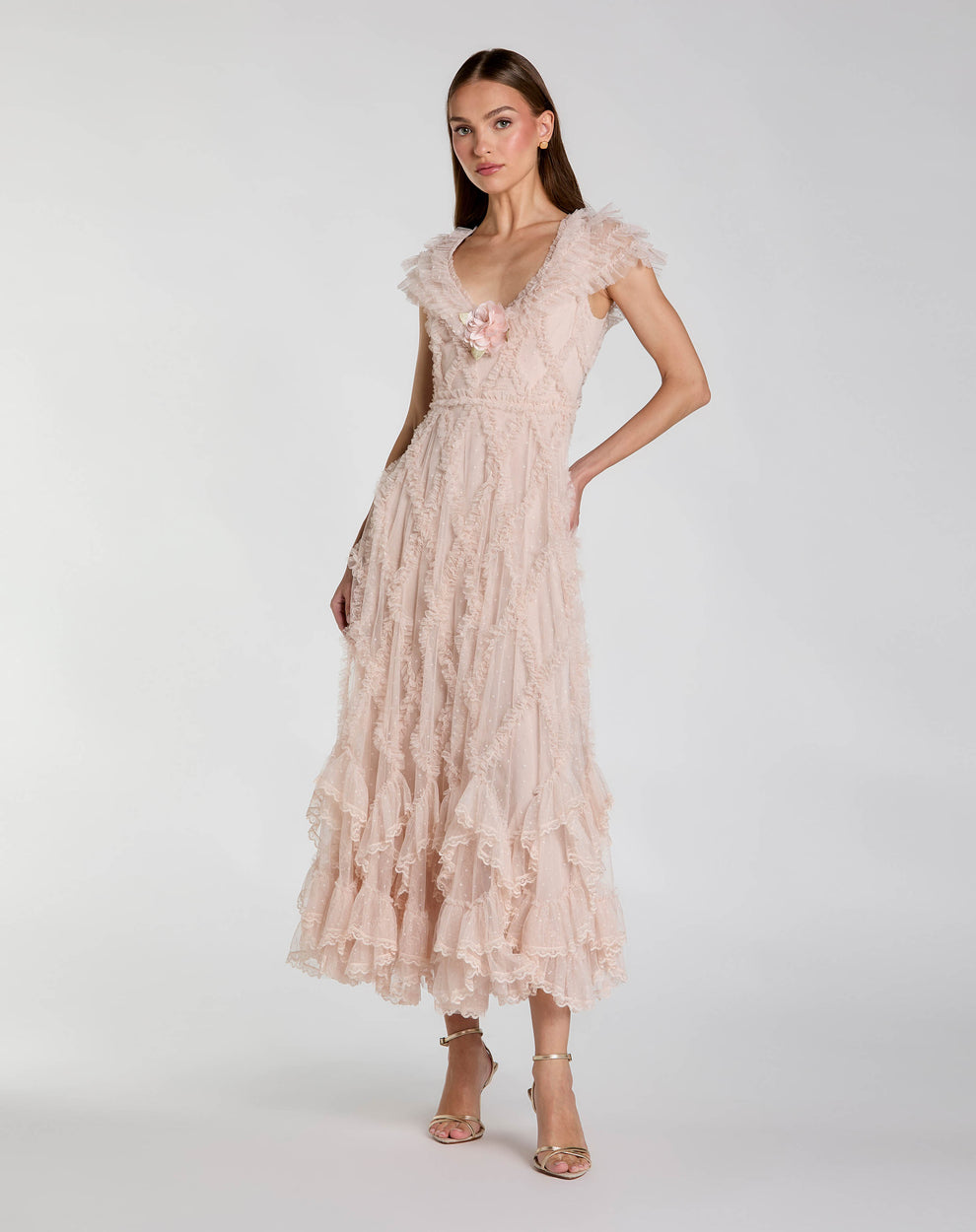 a line petite dresses Tea Length Ruffle Formal Cocktail A Line Petite Dress Mac Duggal 998382P