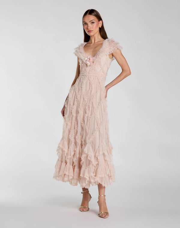 Tea Length Ruffle Formal Cocktail A Line Petite Dress Mac Duggal 998382P