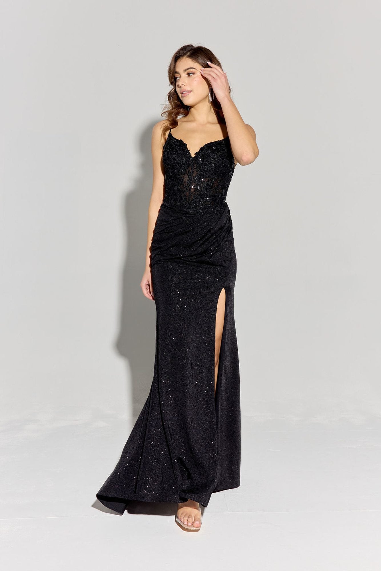 Prom Dresses Sequin Long Formal Fitted Slit Corset Prom Dress Eureka Fashion 9989 Black